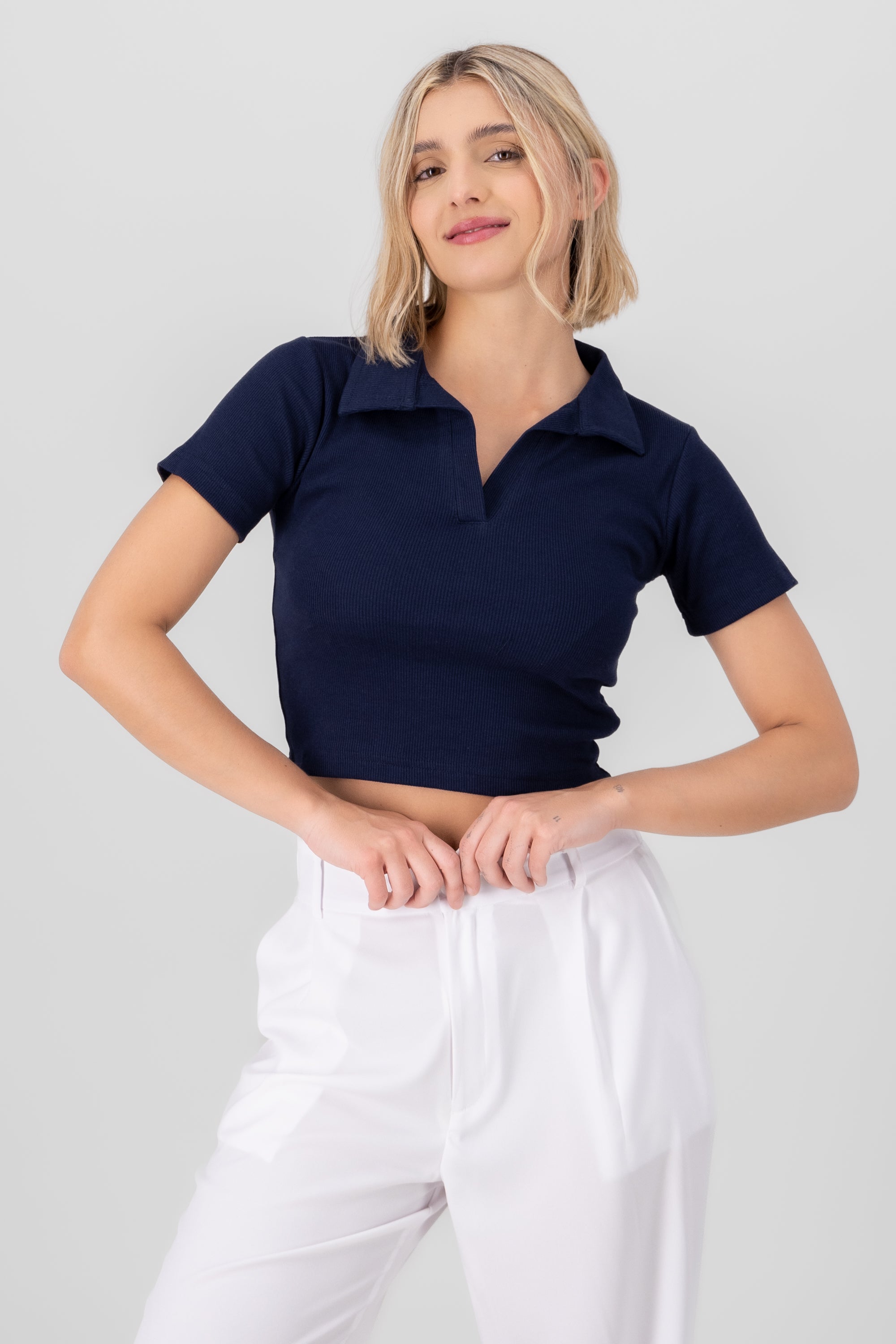 Plain Rib Polo Neck Crop Top NAVY