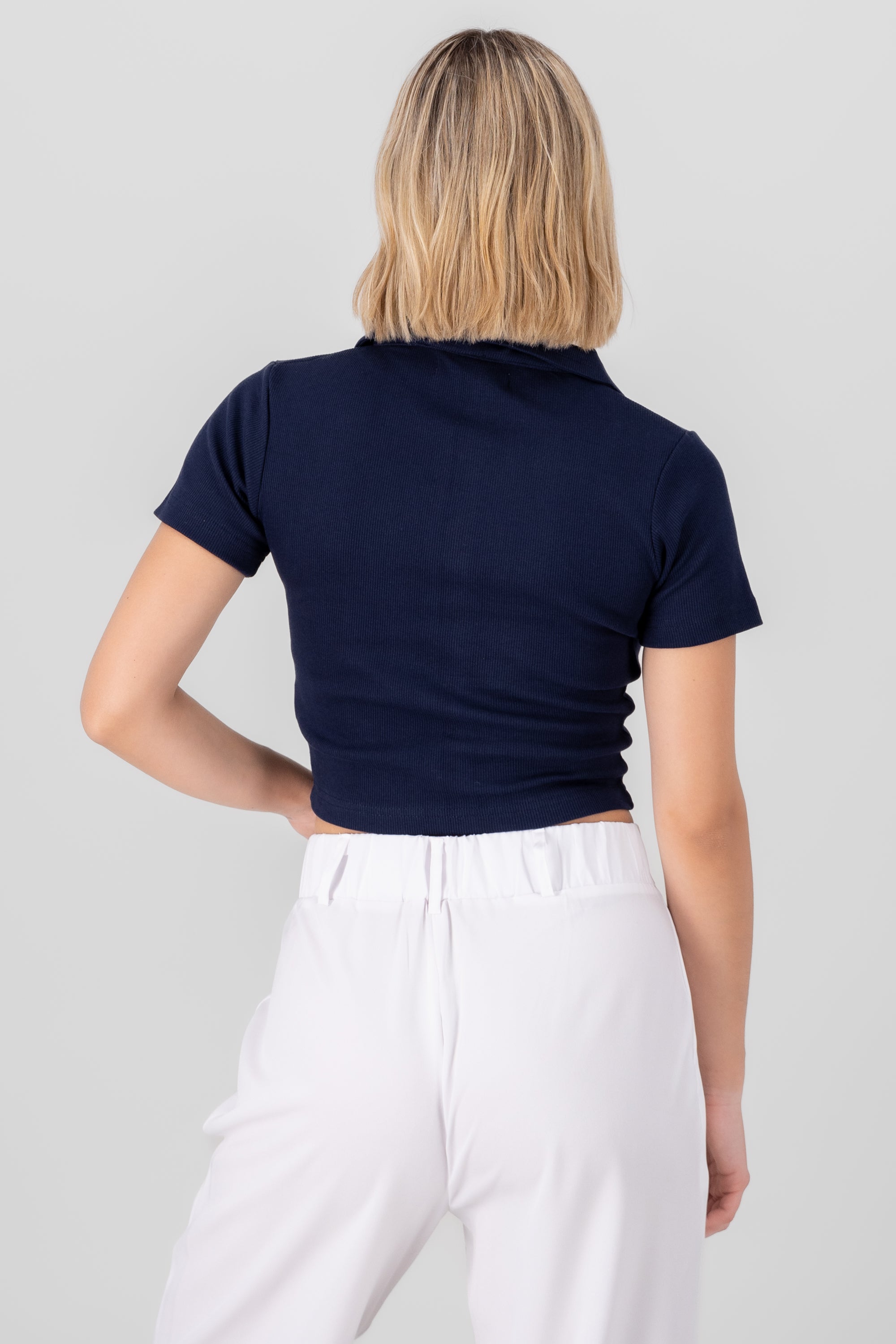 Plain Rib Polo Neck Crop Top NAVY