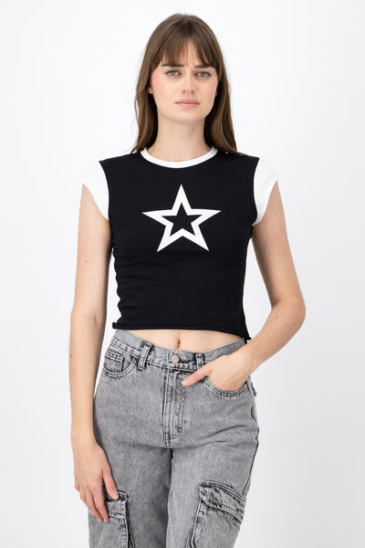 Star Color Contrast Graphic Crop Top BLACK/WHITE