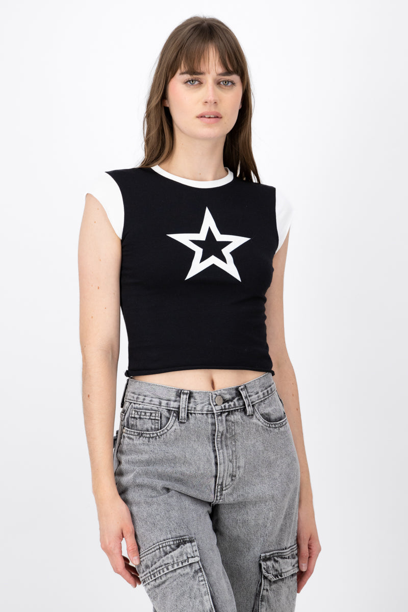 Star Color Contrast Graphic Crop Top BLACK/WHITE