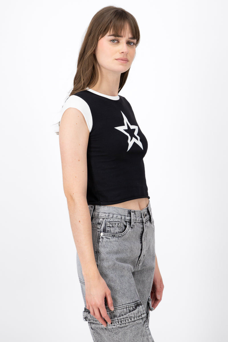 Star Color Contrast Graphic Crop Top BLACK/WHITE