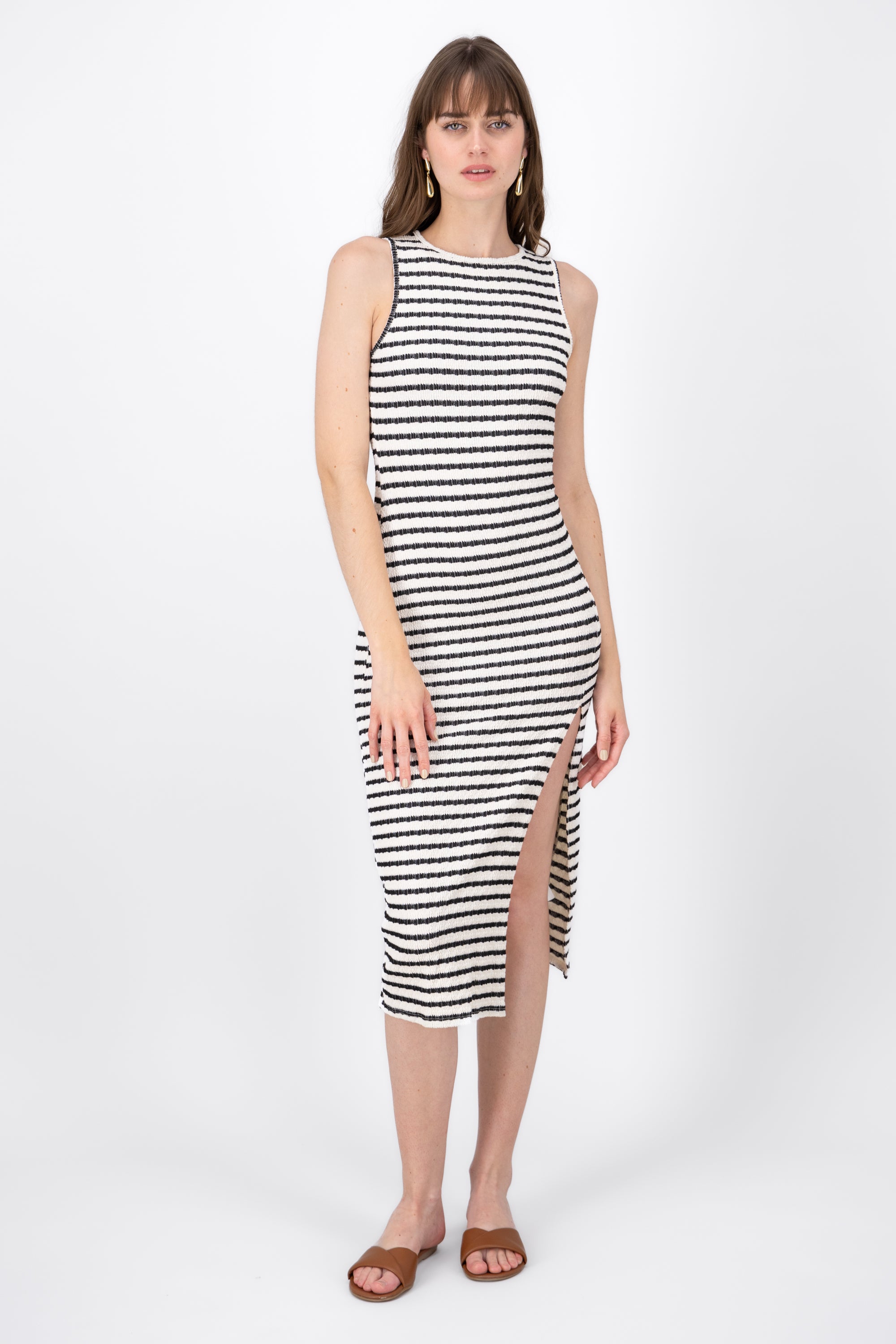 Striped Print Sleeveless Side Split Dress BLACK/WHITE