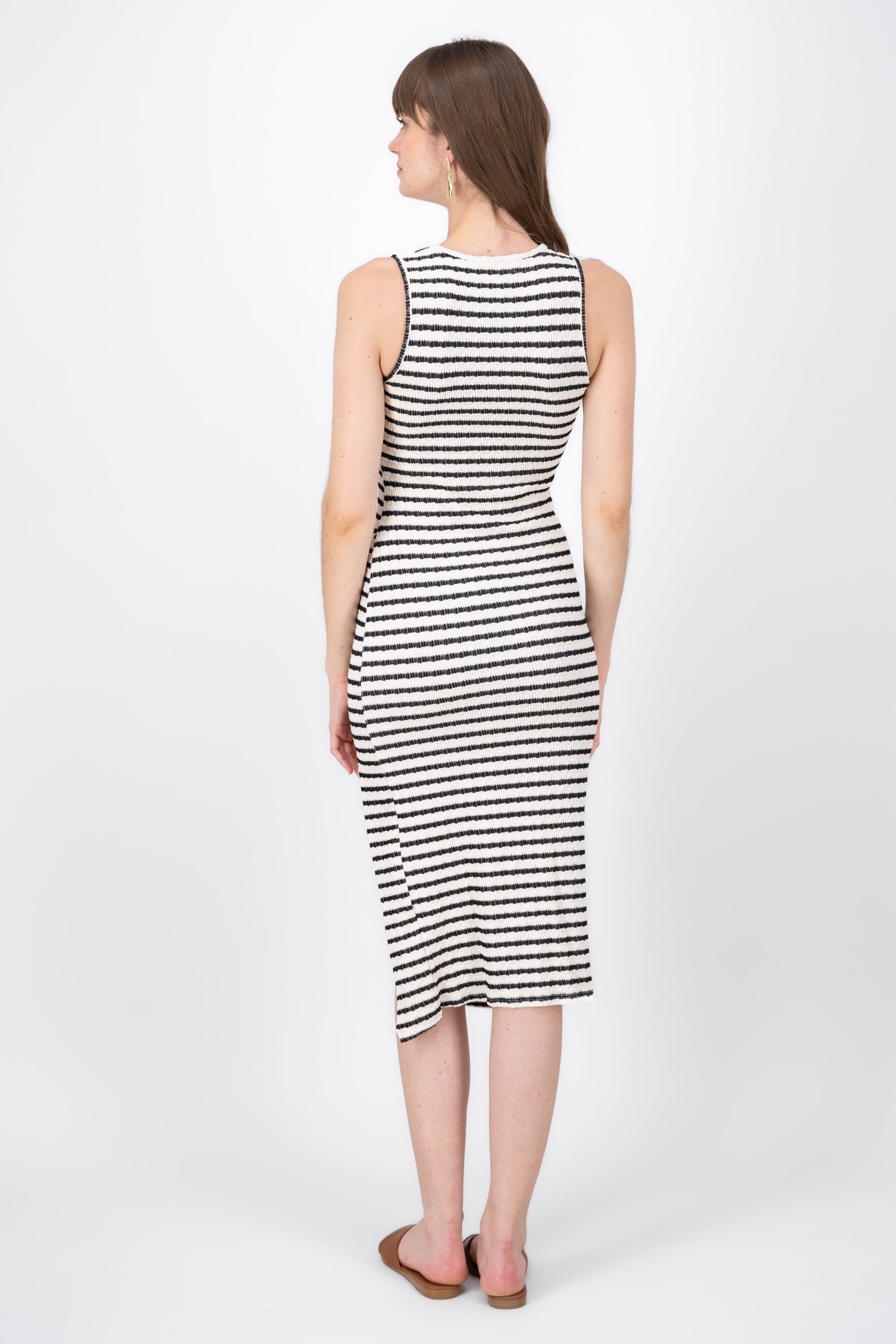 Striped Print Sleeveless Side Split Dress BLACK/WHITE