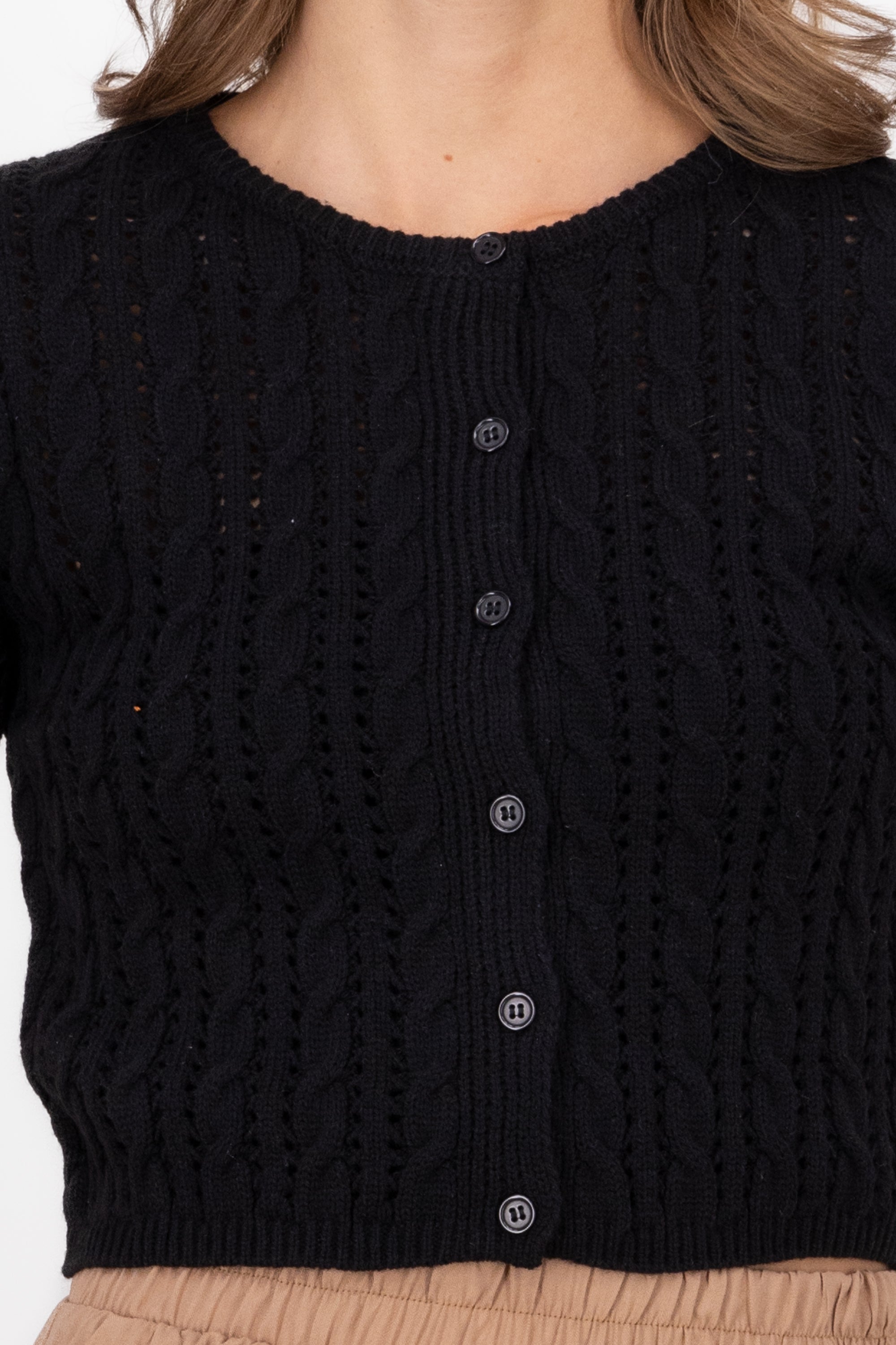 Short Sleeve Woven Cardigan BLACK