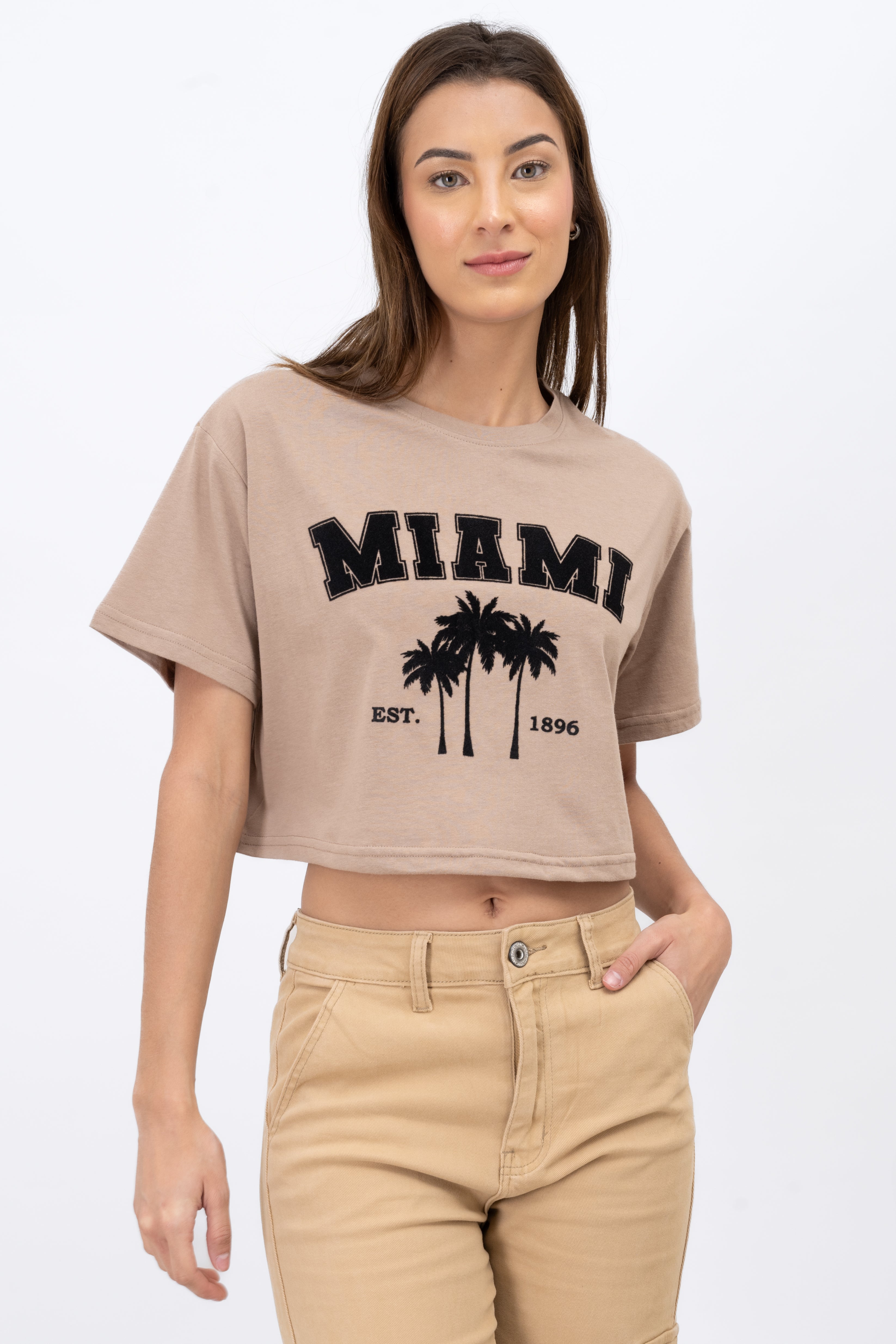 Miami Printed Short Sleeve Cropped TShirt BEIGE