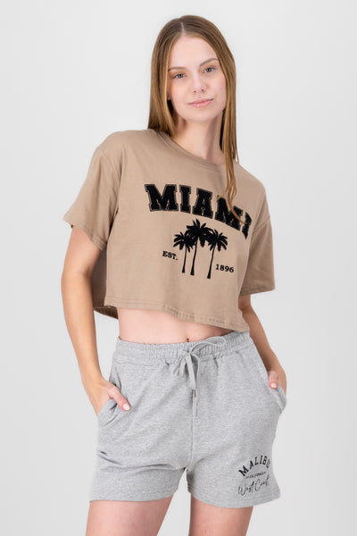 Miami Printed Short Sleeve Cropped TShirt BLACK