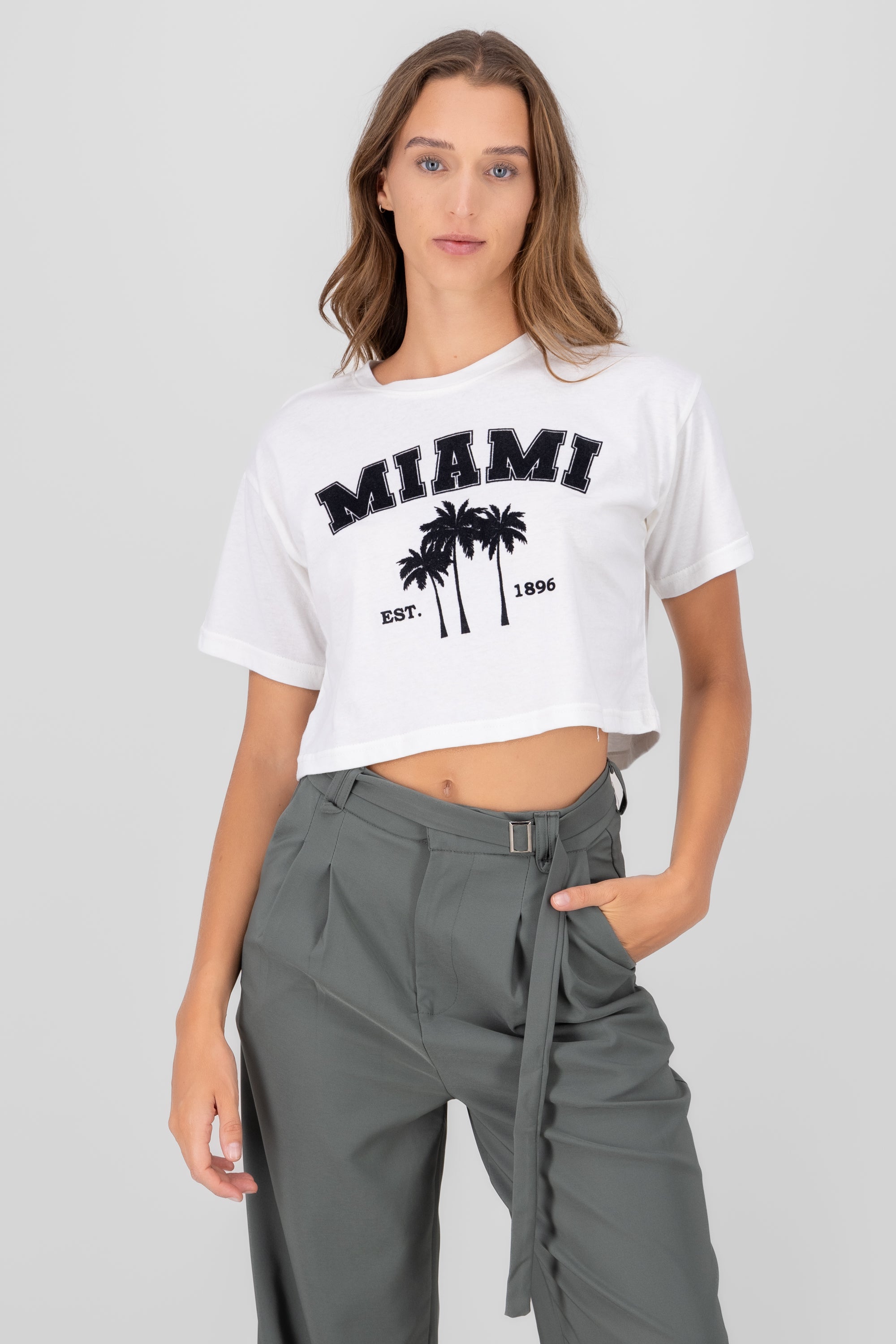 Miami Printed Short Sleeve Cropped TShirt WHITE