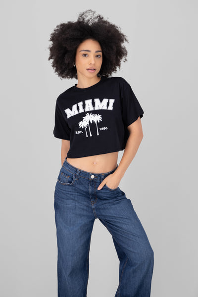 Miami Printed Short Sleeve Cropped TShirt BLACK