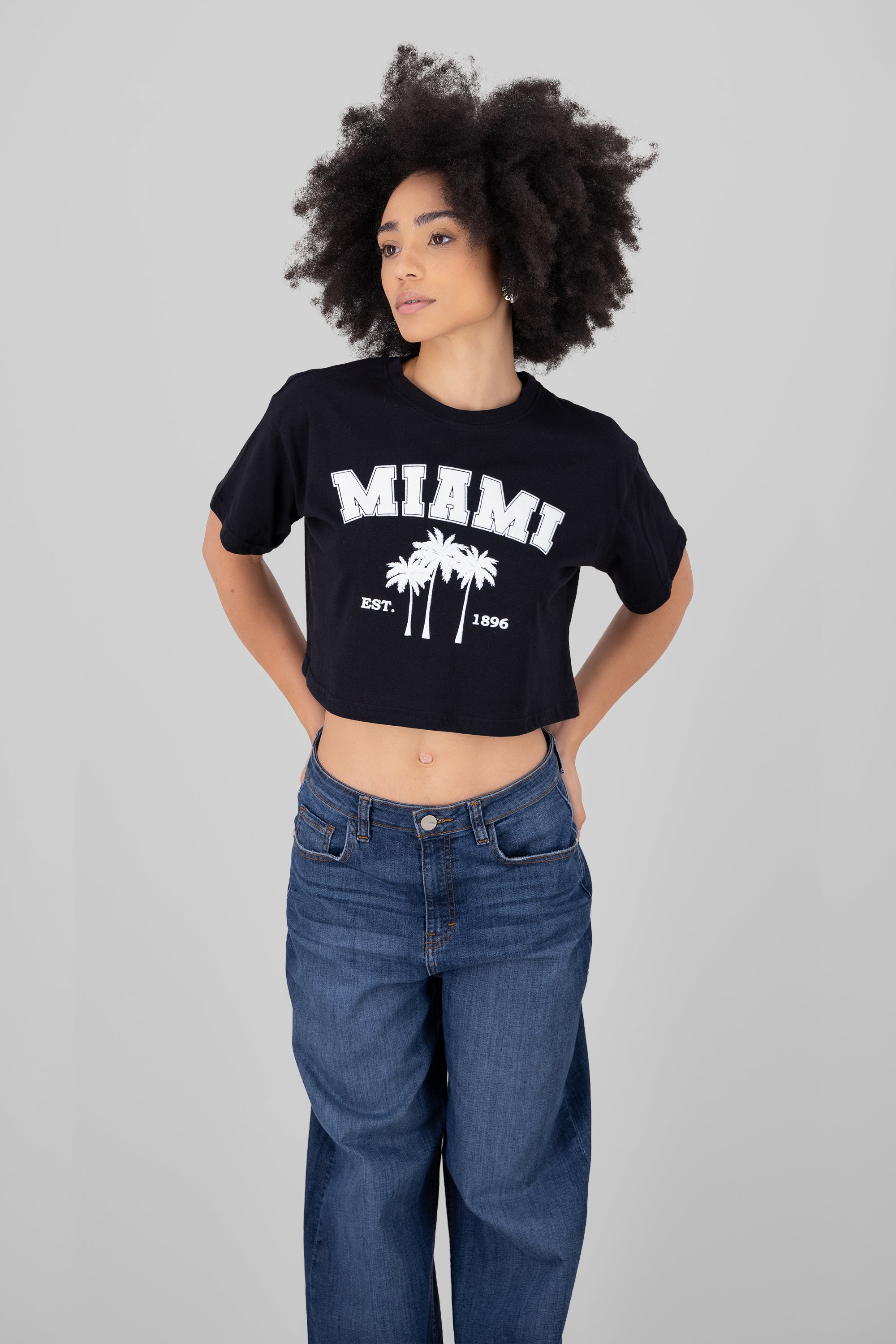 Miami Printed Short Sleeve Cropped TShirt BLACK