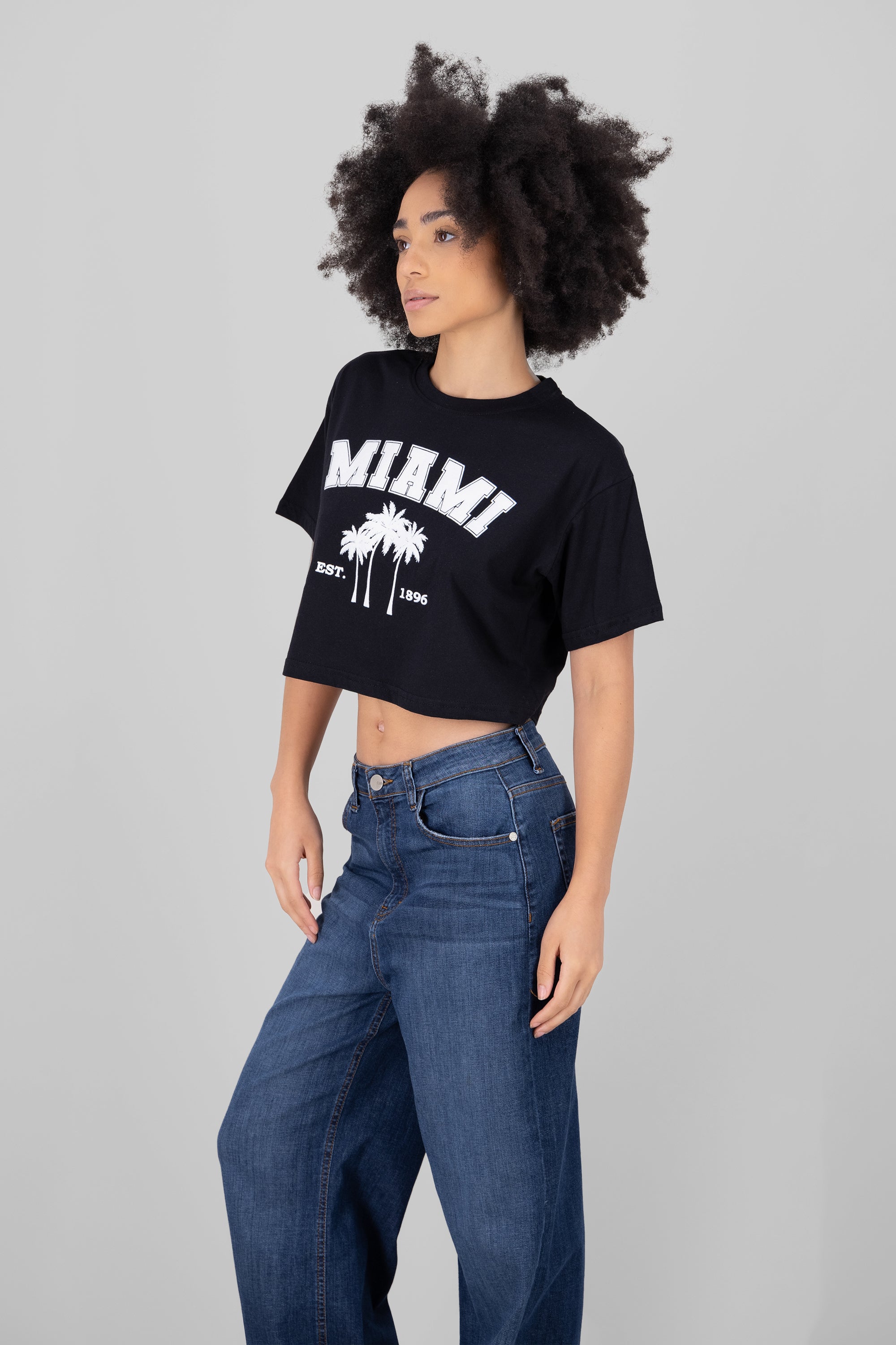 Miami Printed Short Sleeve Cropped TShirt BLACK