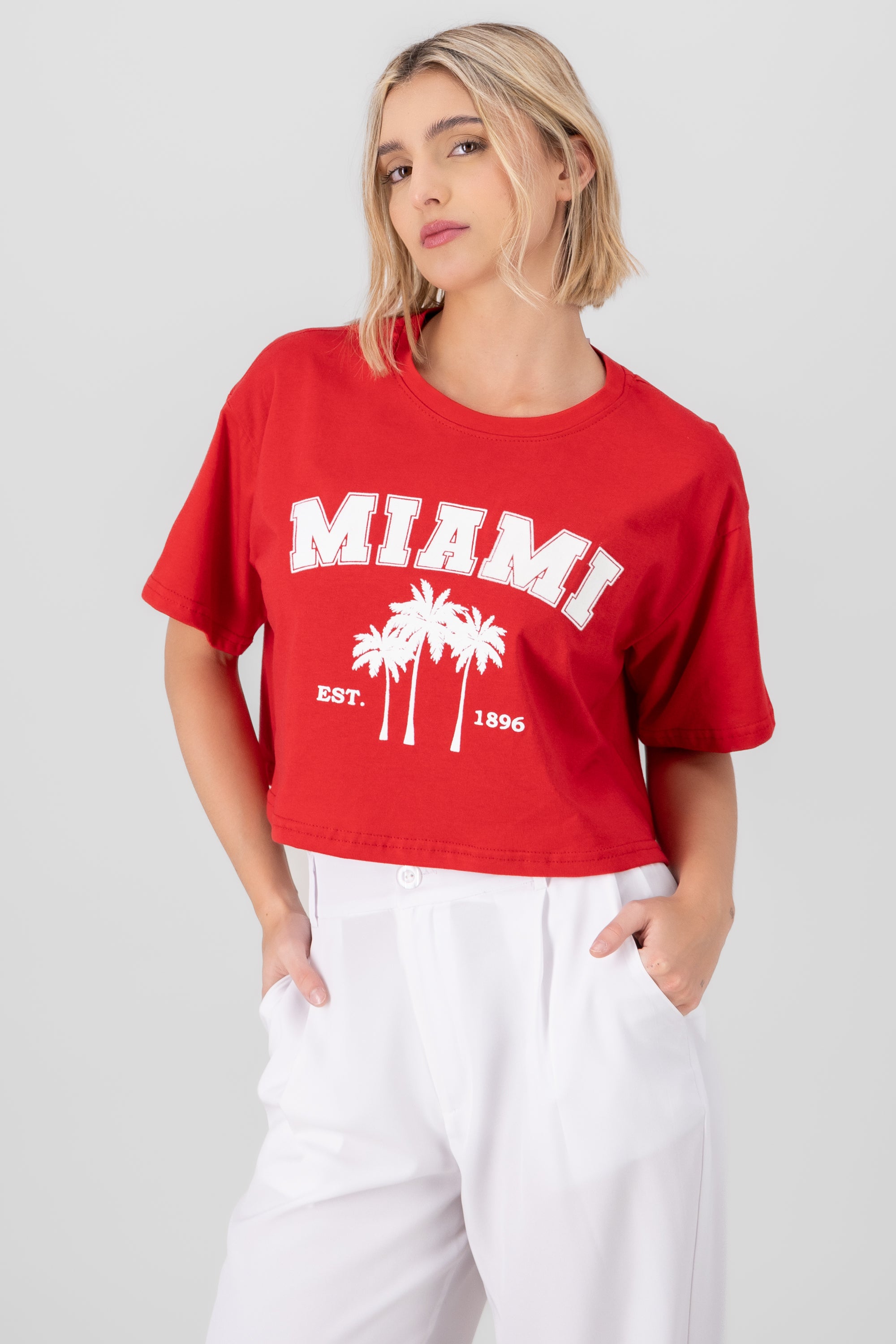 Miami Printed Short Sleeve Cropped TShirt RED