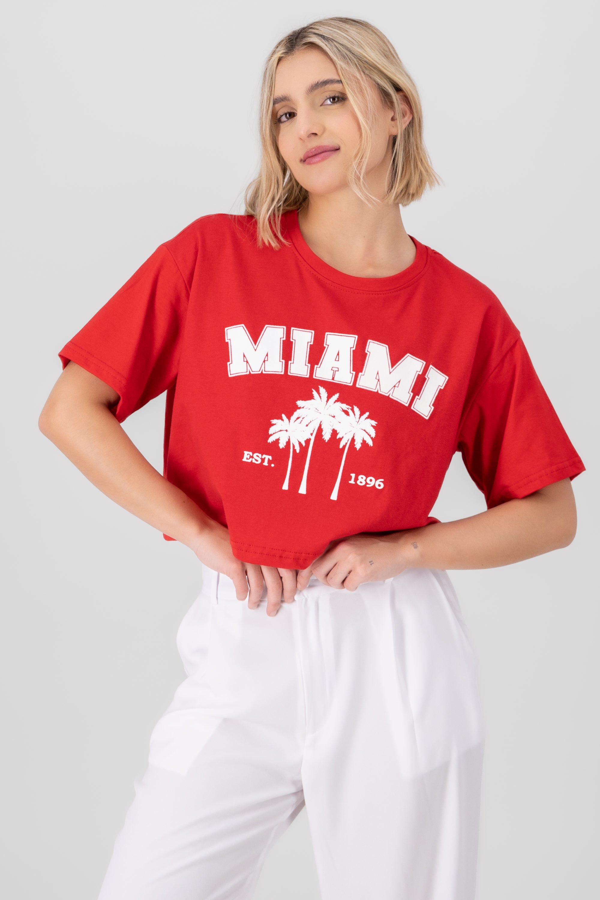 Miami Printed Short Sleeve Cropped TShirt RED