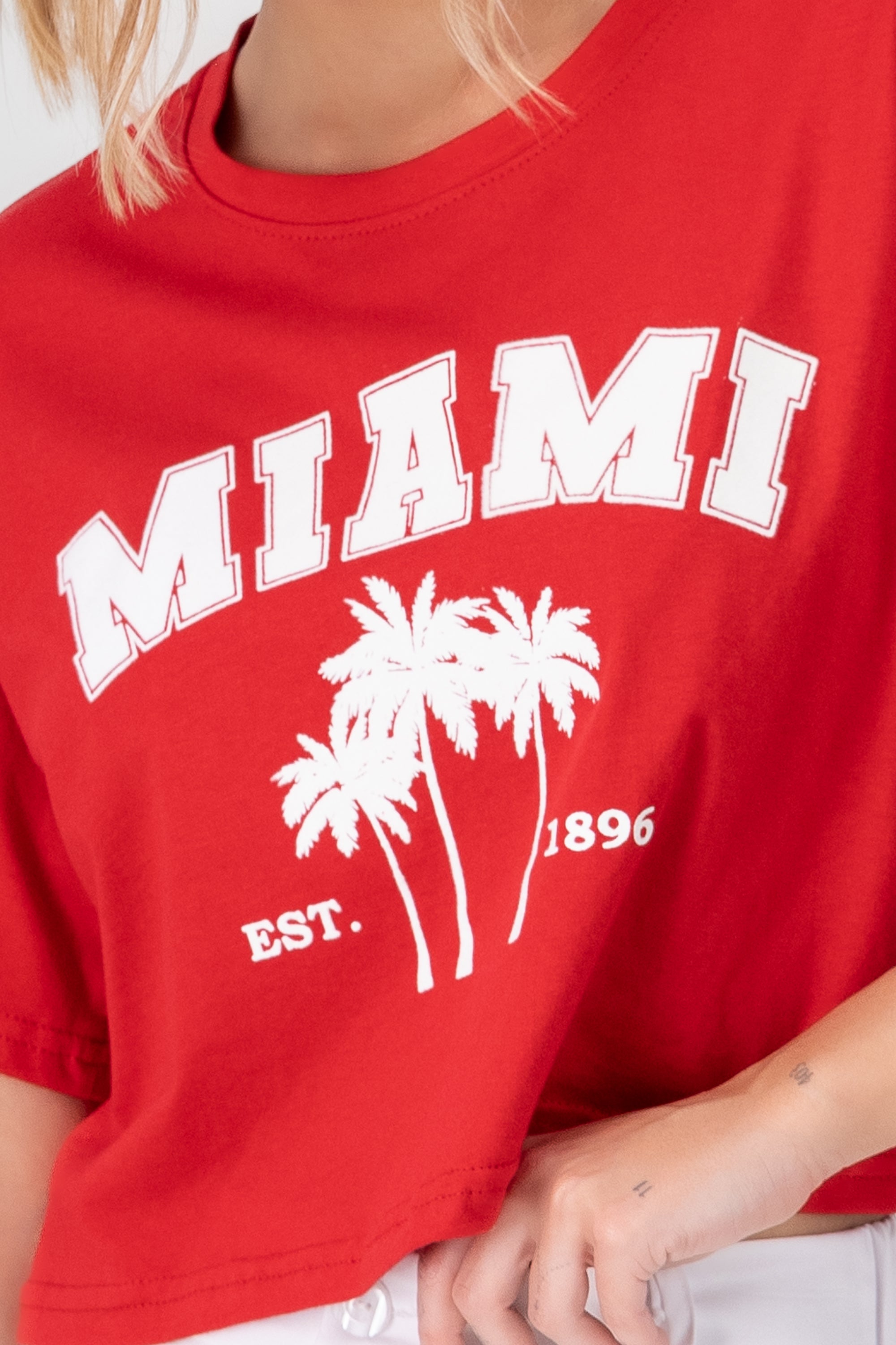 Miami Printed Short Sleeve Cropped TShirt RED