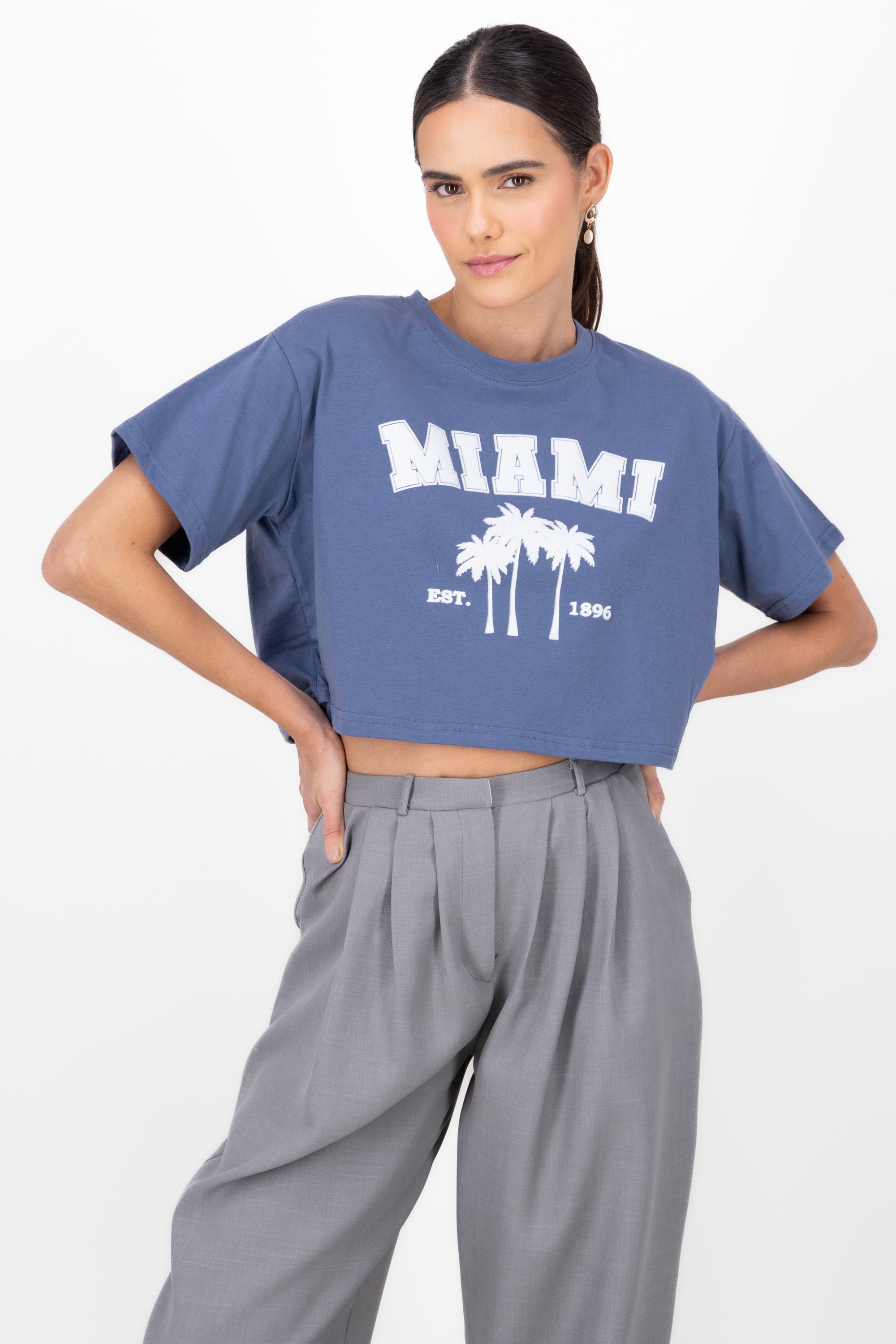 Miami Printed Short Sleeve Cropped TShirt INDIGO