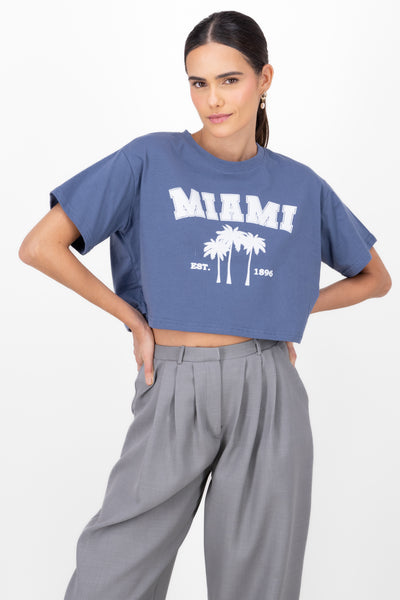 Miami Printed Short Sleeve Cropped TShirt BLACK