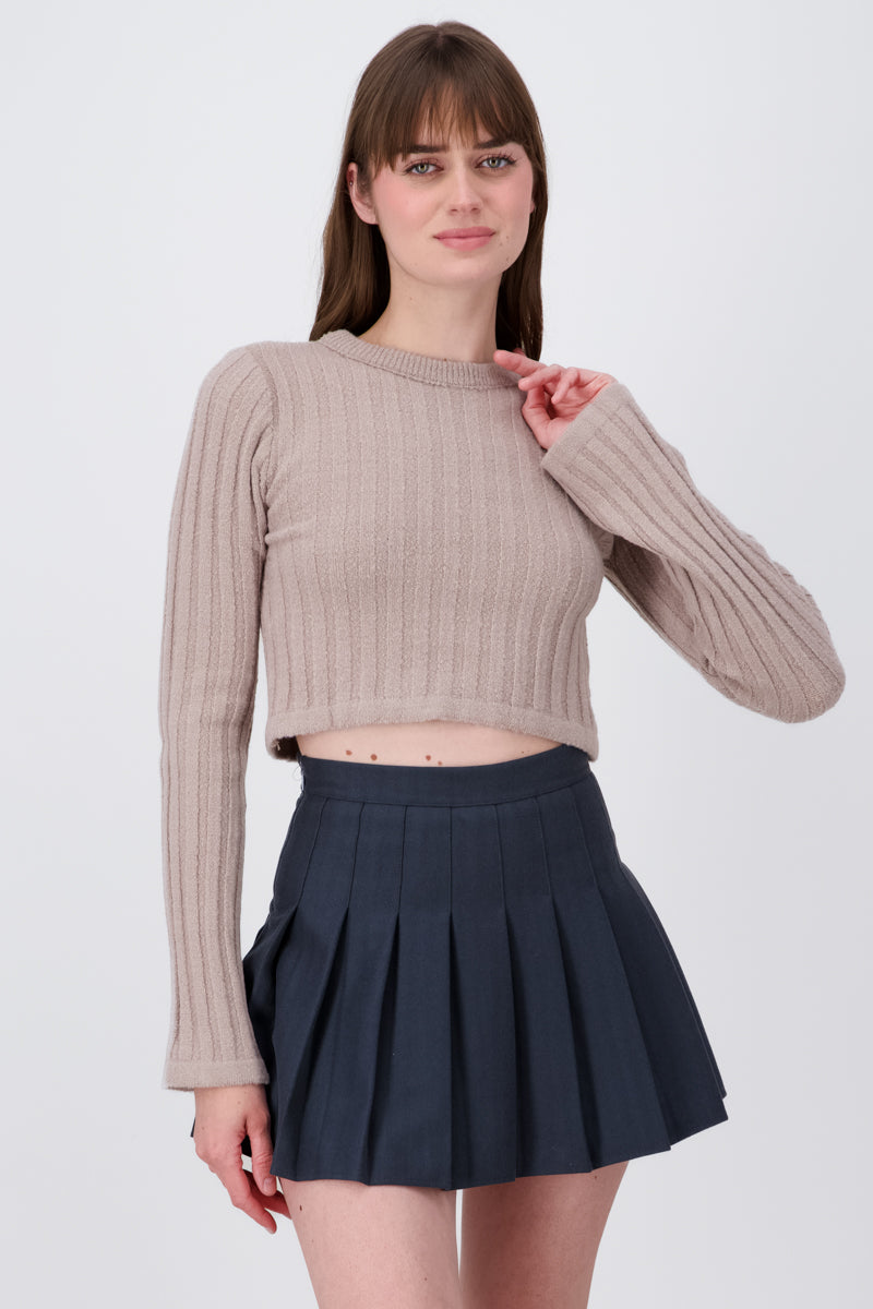 Fitted Long Sleeve Knit Pattern Crop Top GREY