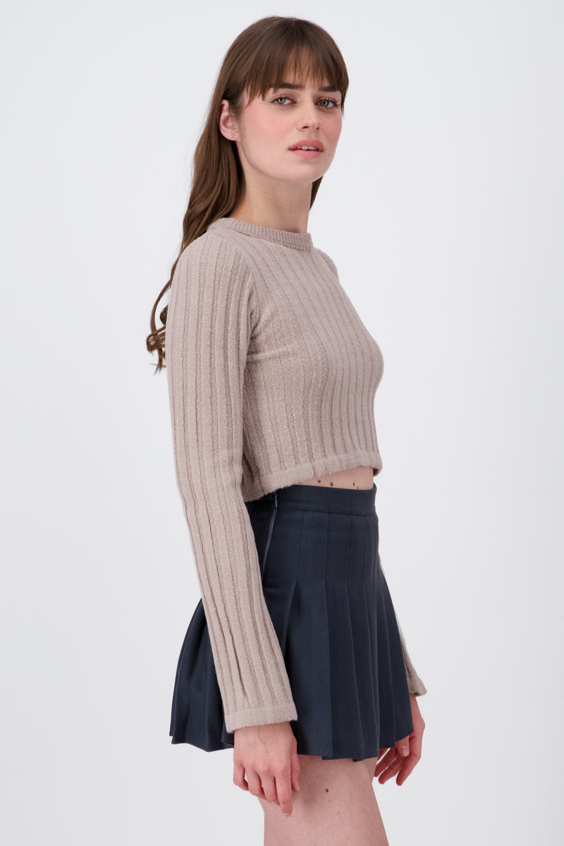 Fitted Long Sleeve Knit Pattern Crop Top GREY