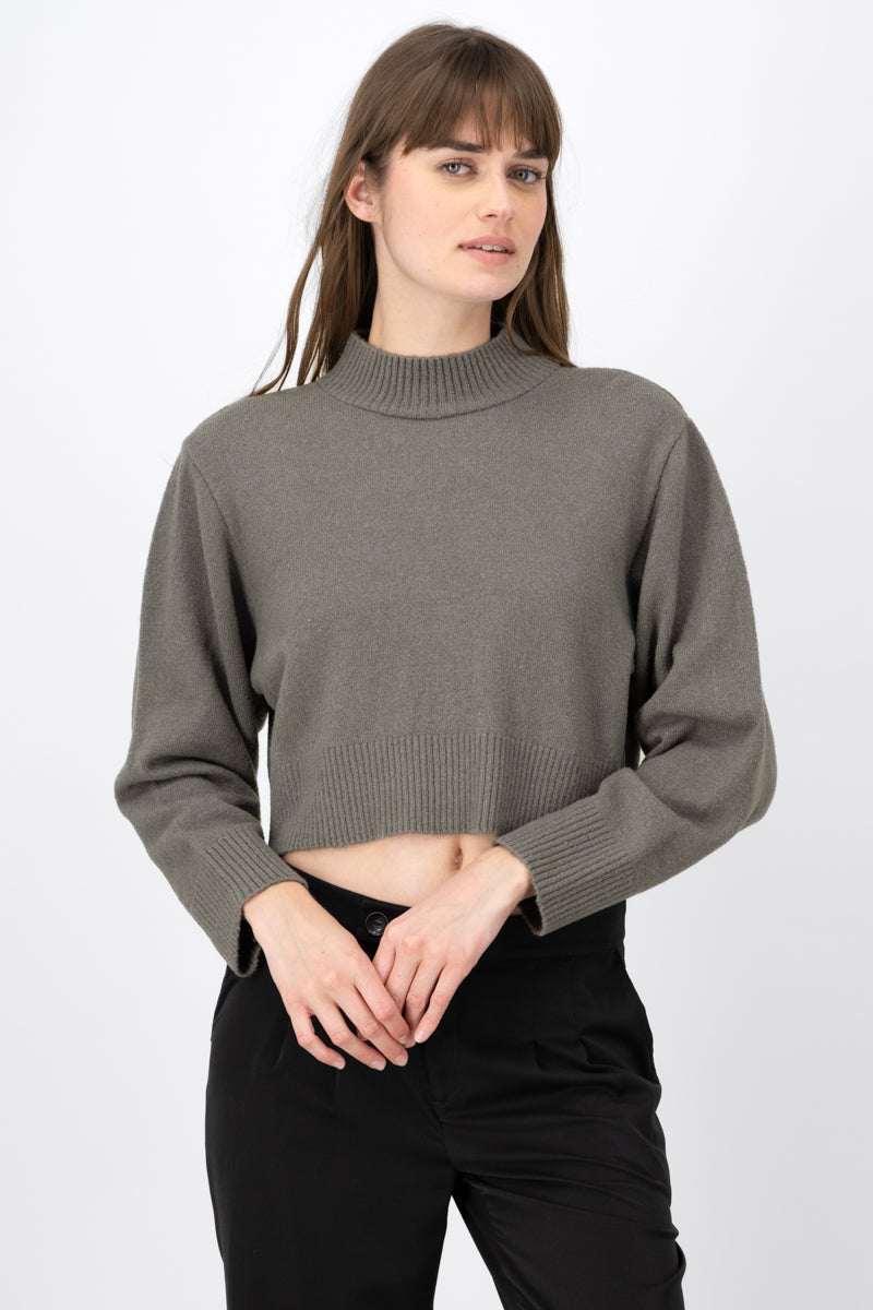 Mock Neck Cropped Sweater DARK GRAY