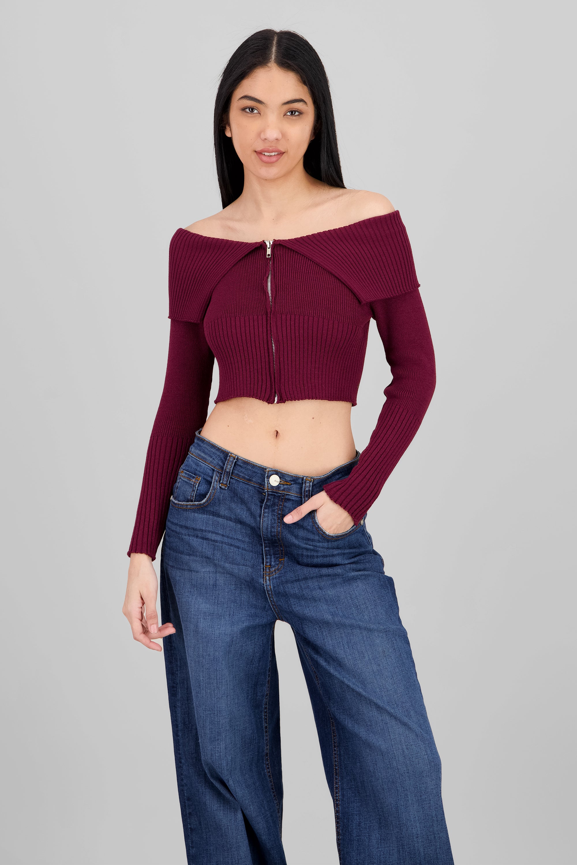 Long Sleeve Off The Shoulder Top With Closure PLUM