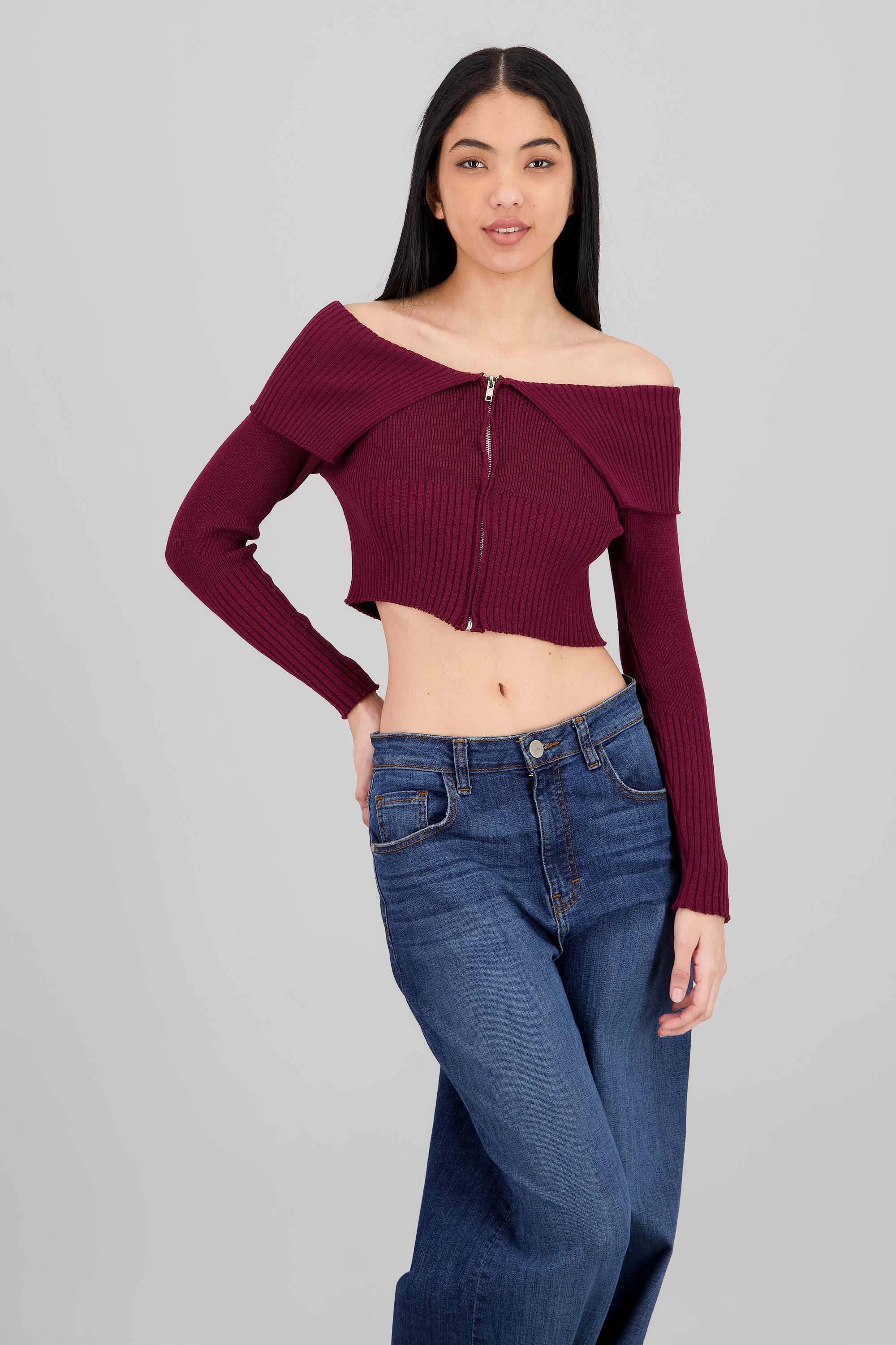 Long Sleeve Off The Shoulder Top With Closure PLUM