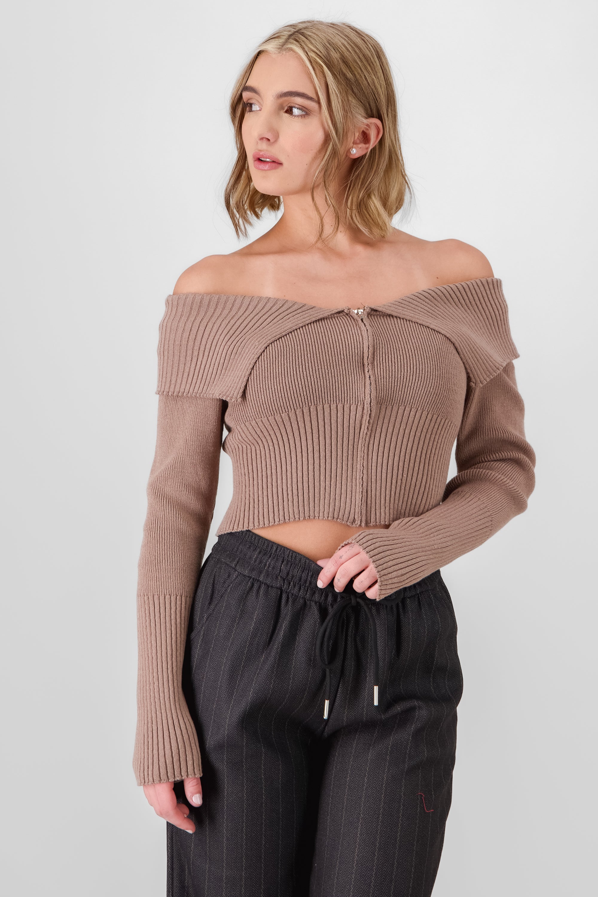 Long Sleeve Off The Shoulder Top With Closure TAUPE