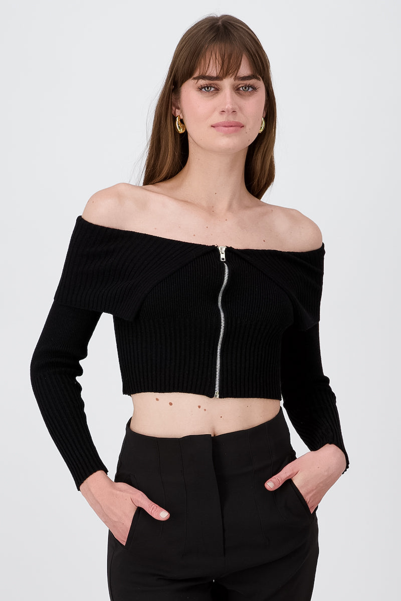 Long Sleeve Off The Shoulder Top With Closure BLACK