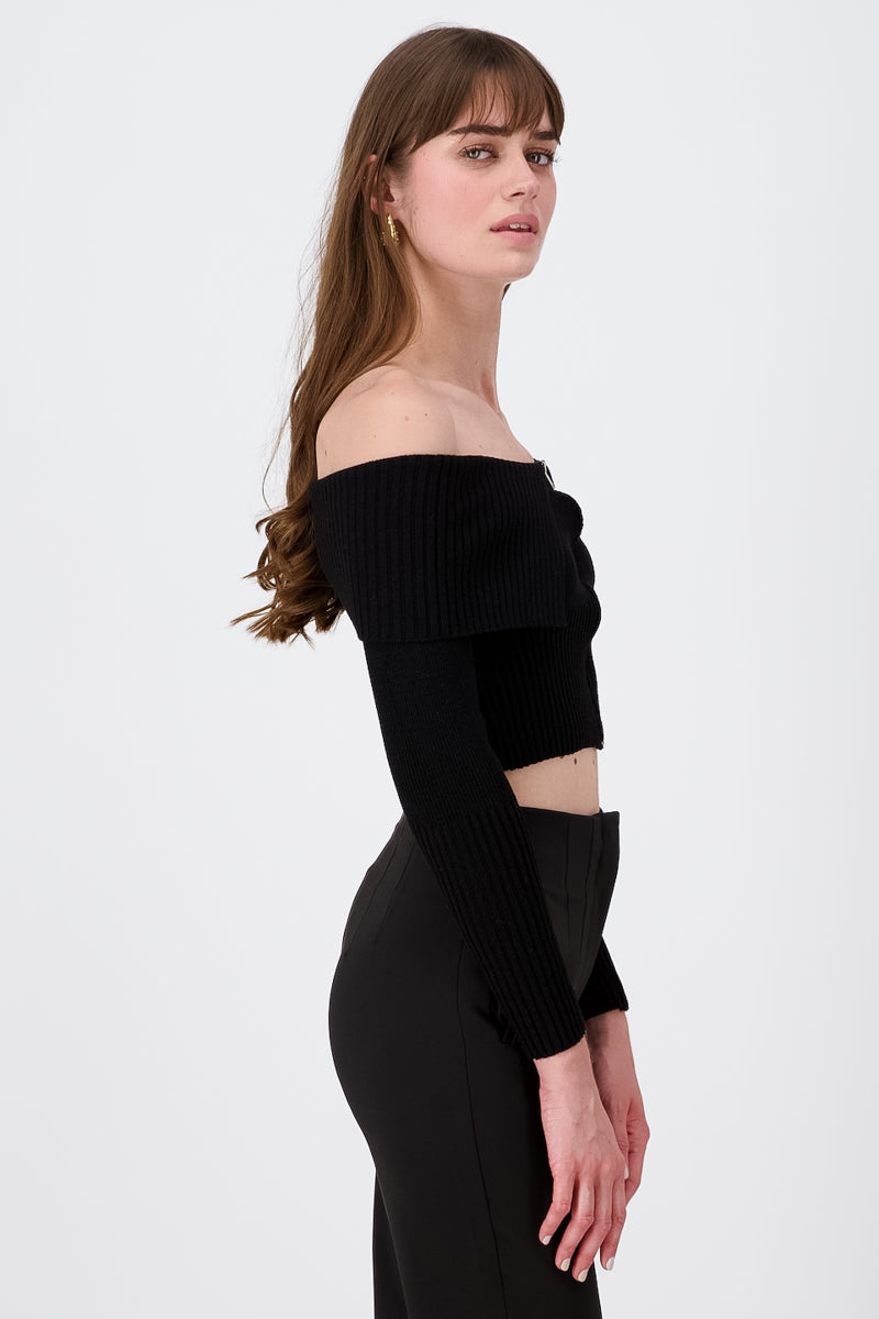 Long Sleeve Off The Shoulder Top With Closure BLACK