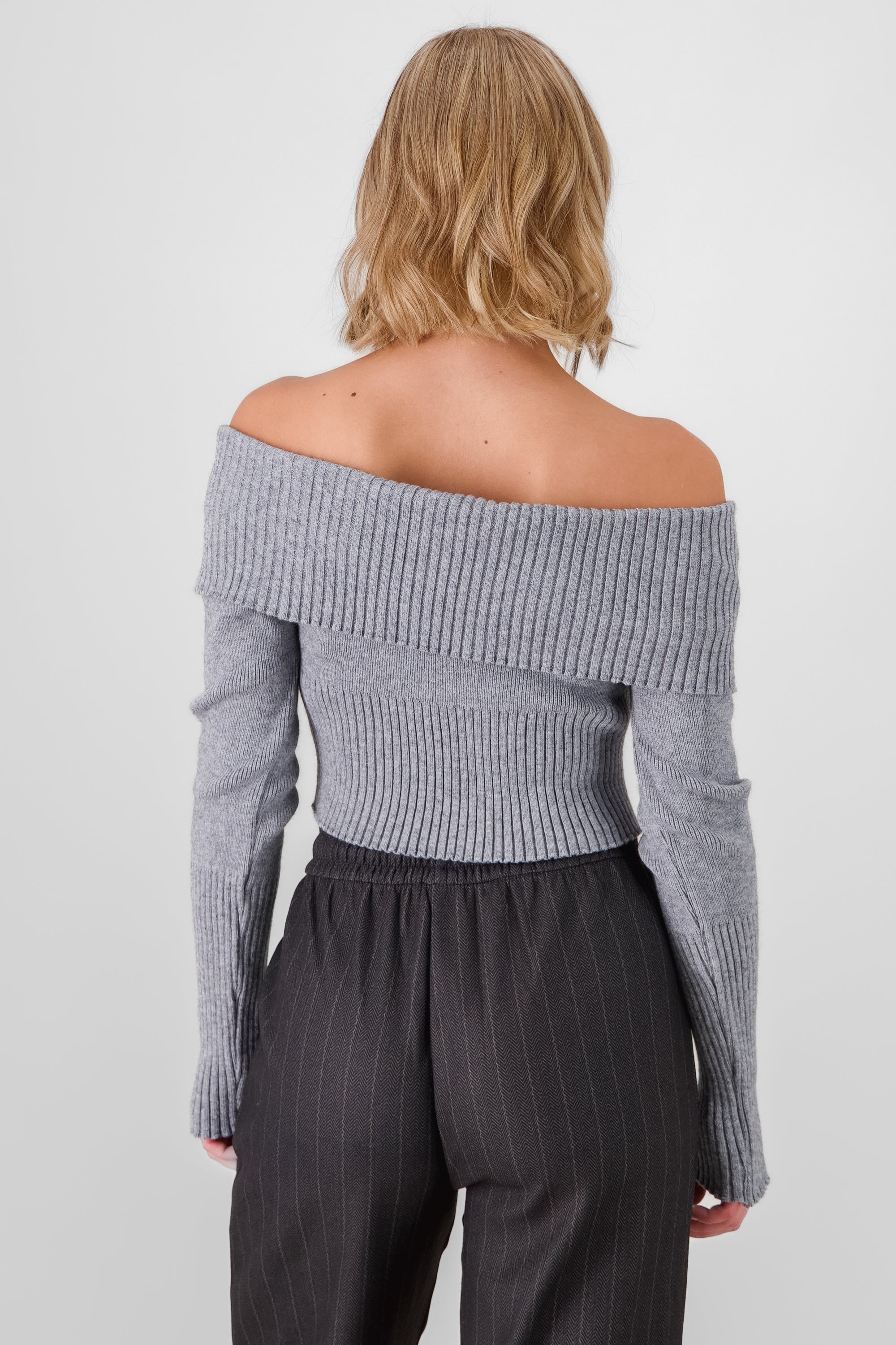 Long Sleeve Off The Shoulder Top With Closure GRAY