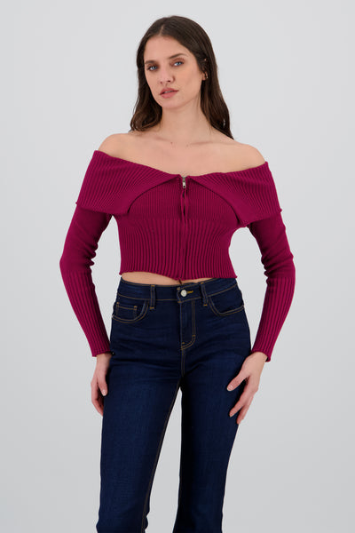 Long Sleeve Off The Shoulder Top With Closure BURGUNDY