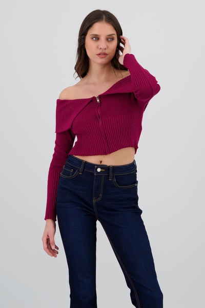 Long Sleeve Off The Shoulder Top With Closure BURGUNDY