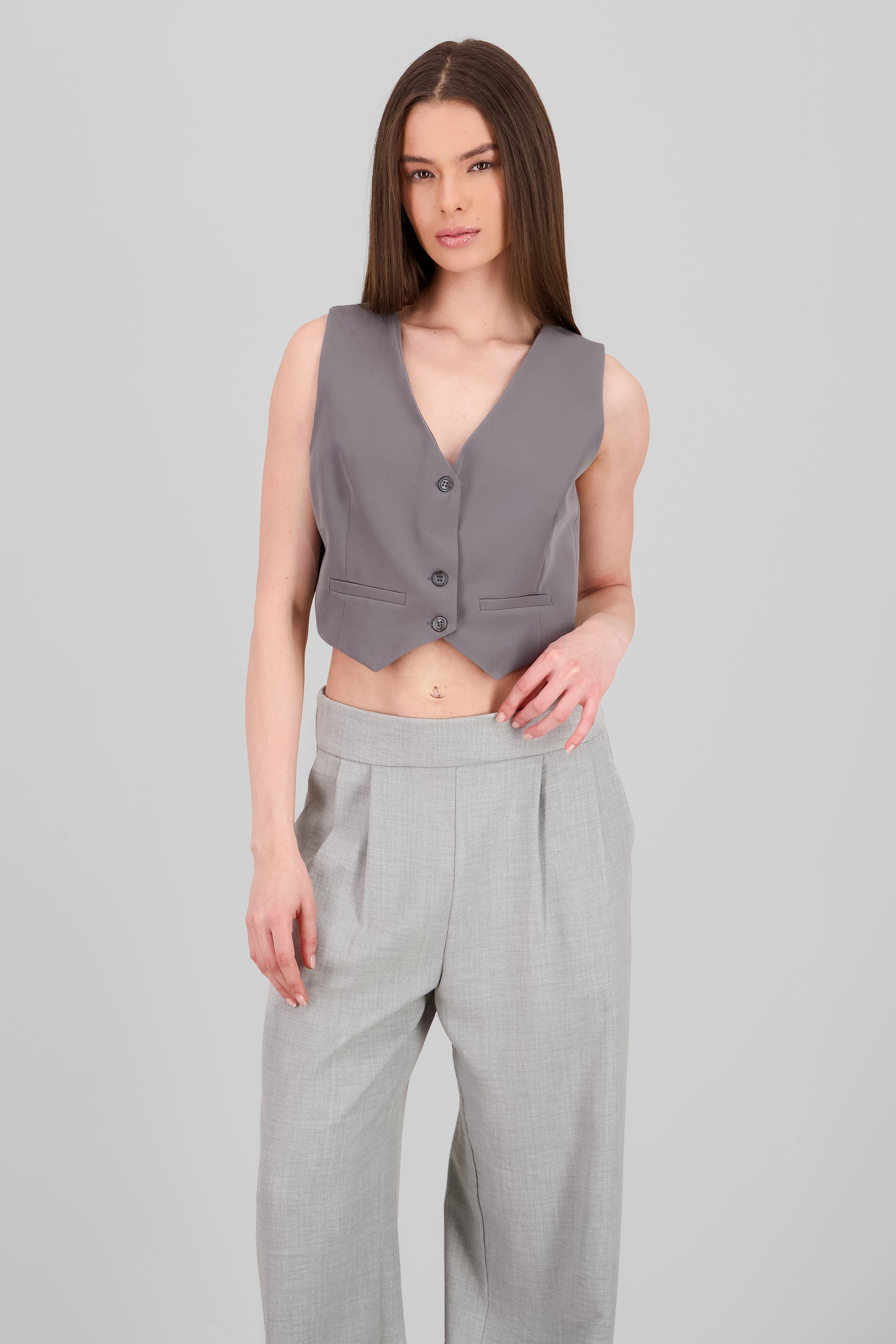 Basic Button Vest Crop Top GRAY