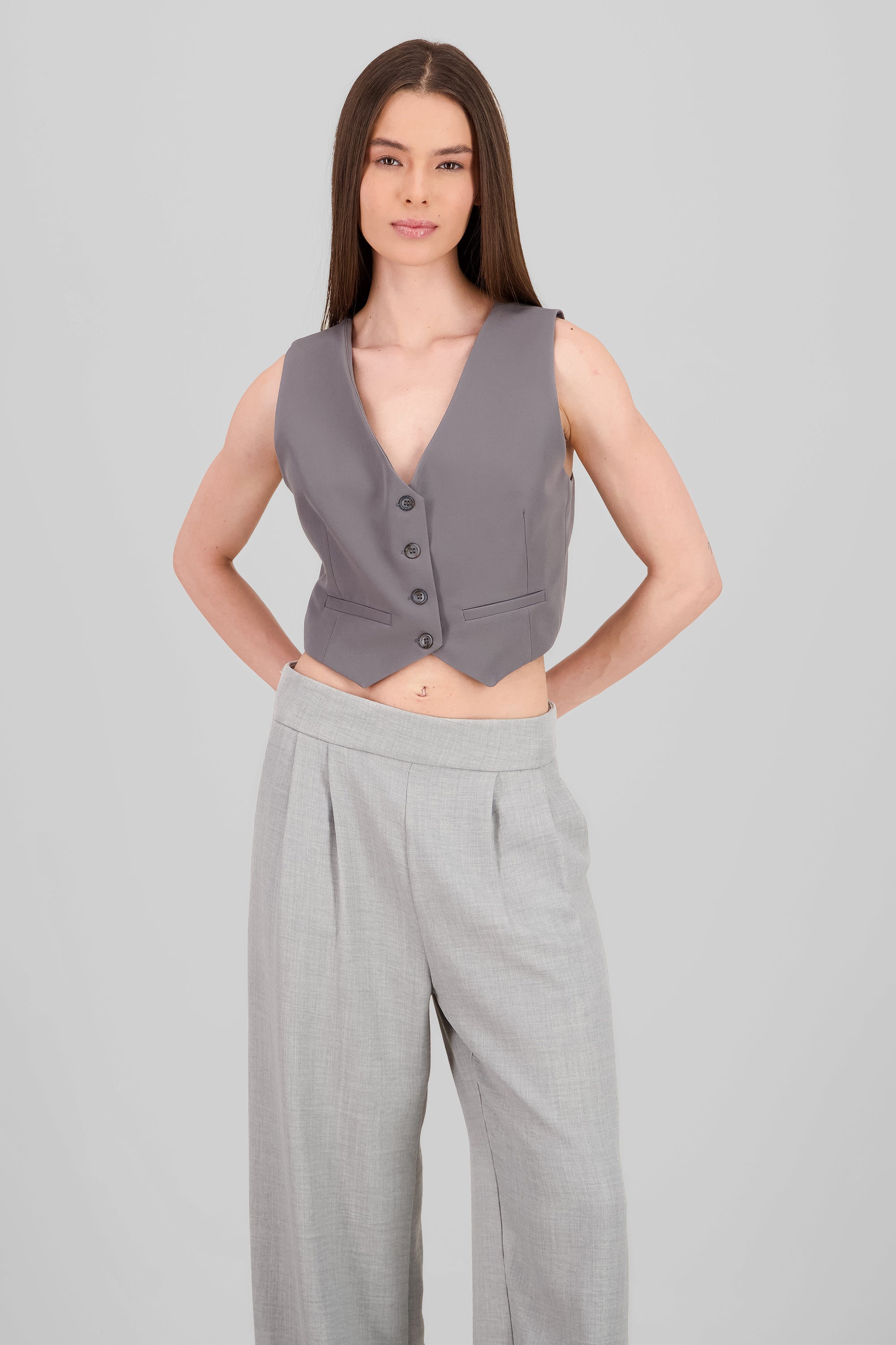 Basic Button Vest Crop Top GRAY