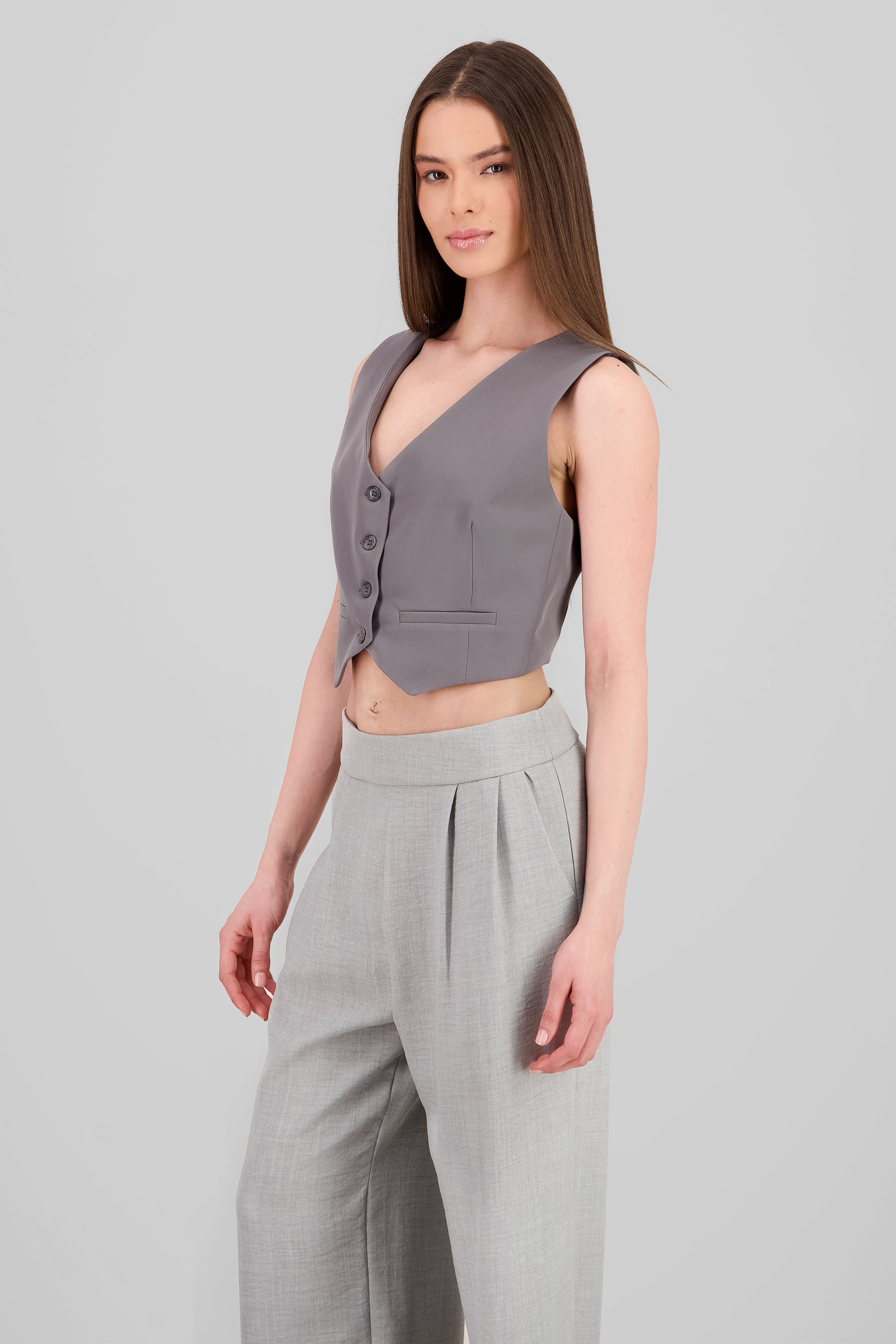 Basic Button Vest Crop Top GRAY