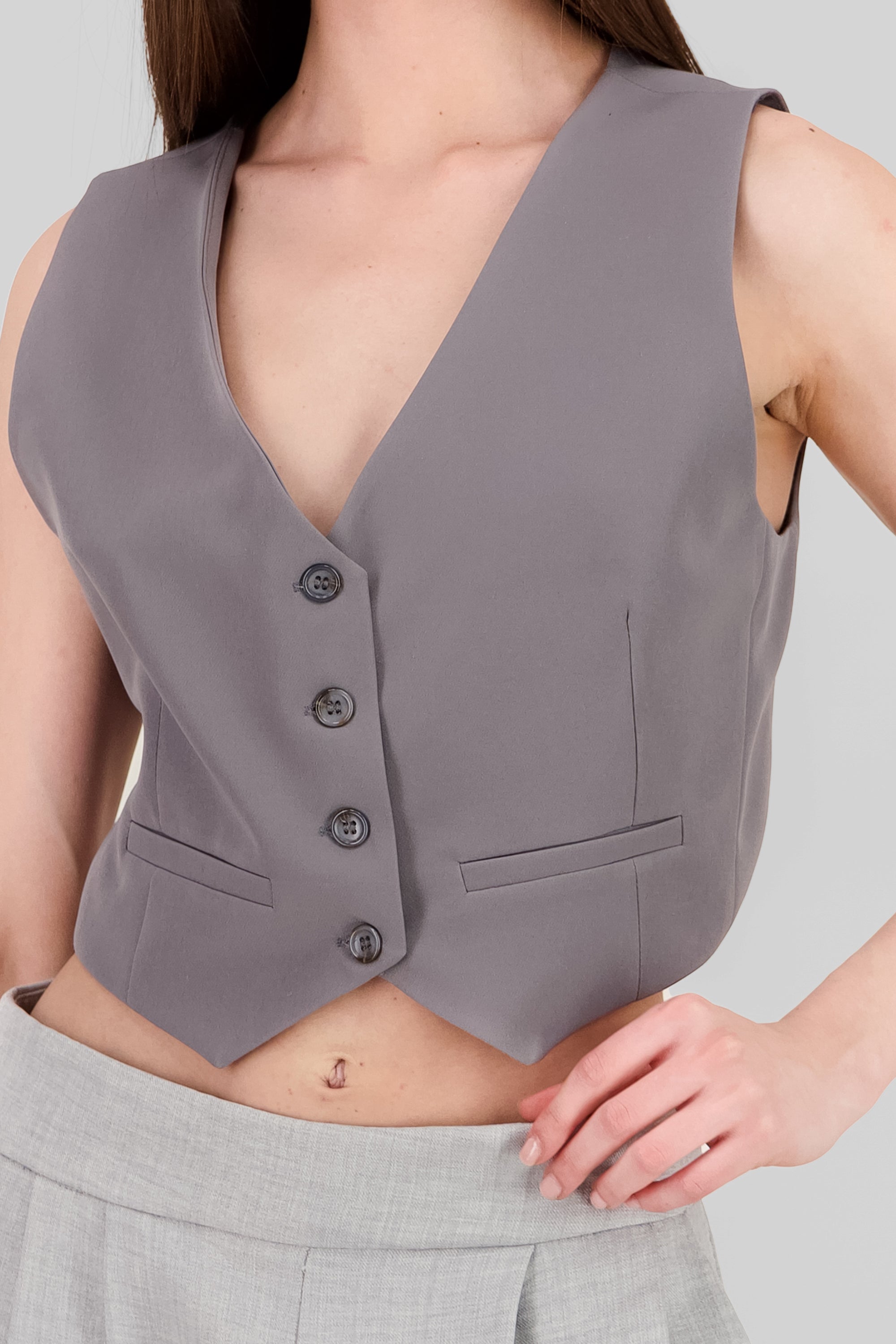 Basic Button Vest Crop Top GRAY