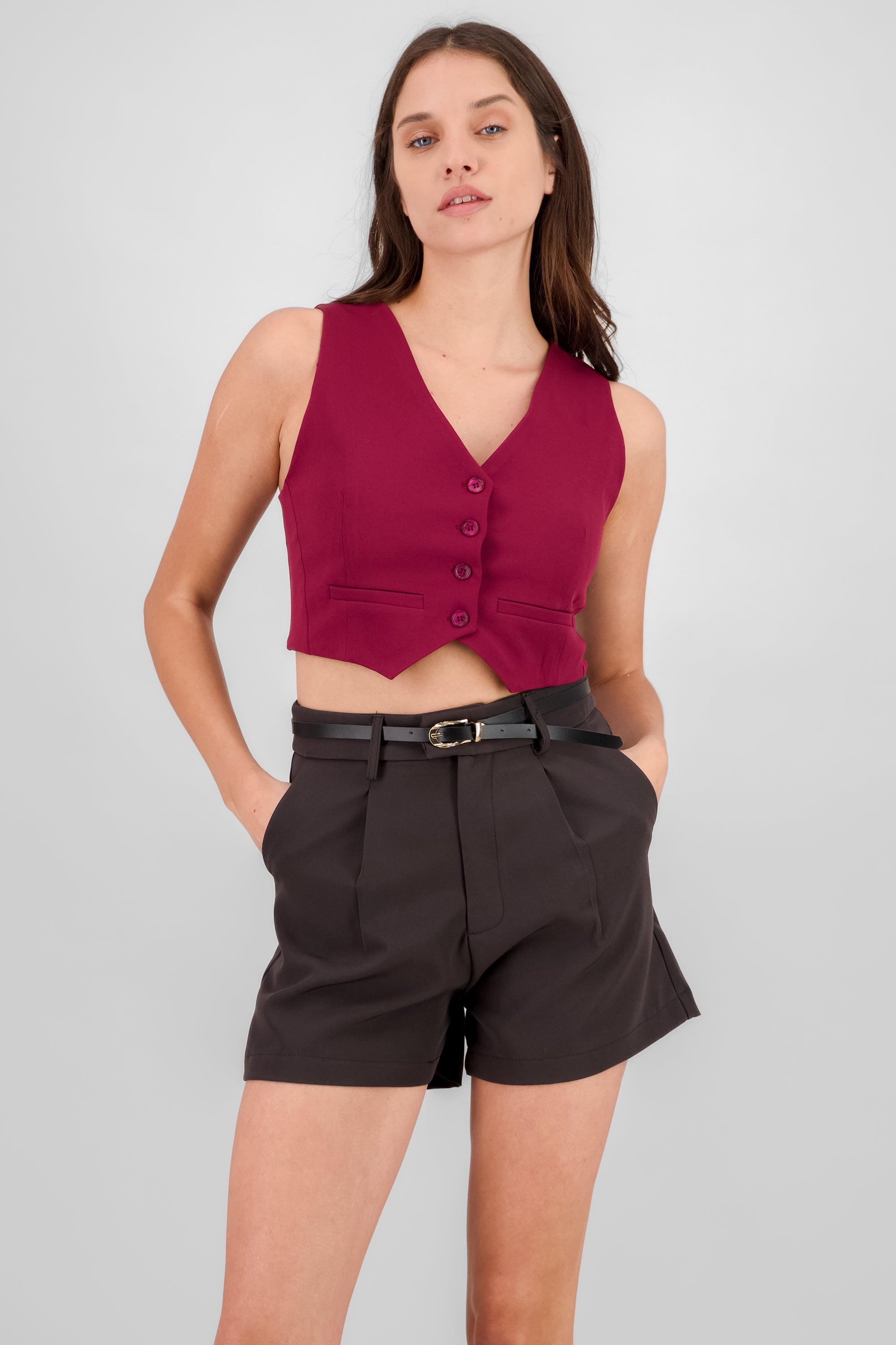 Basic Button Vest Crop Top BURGUNDY