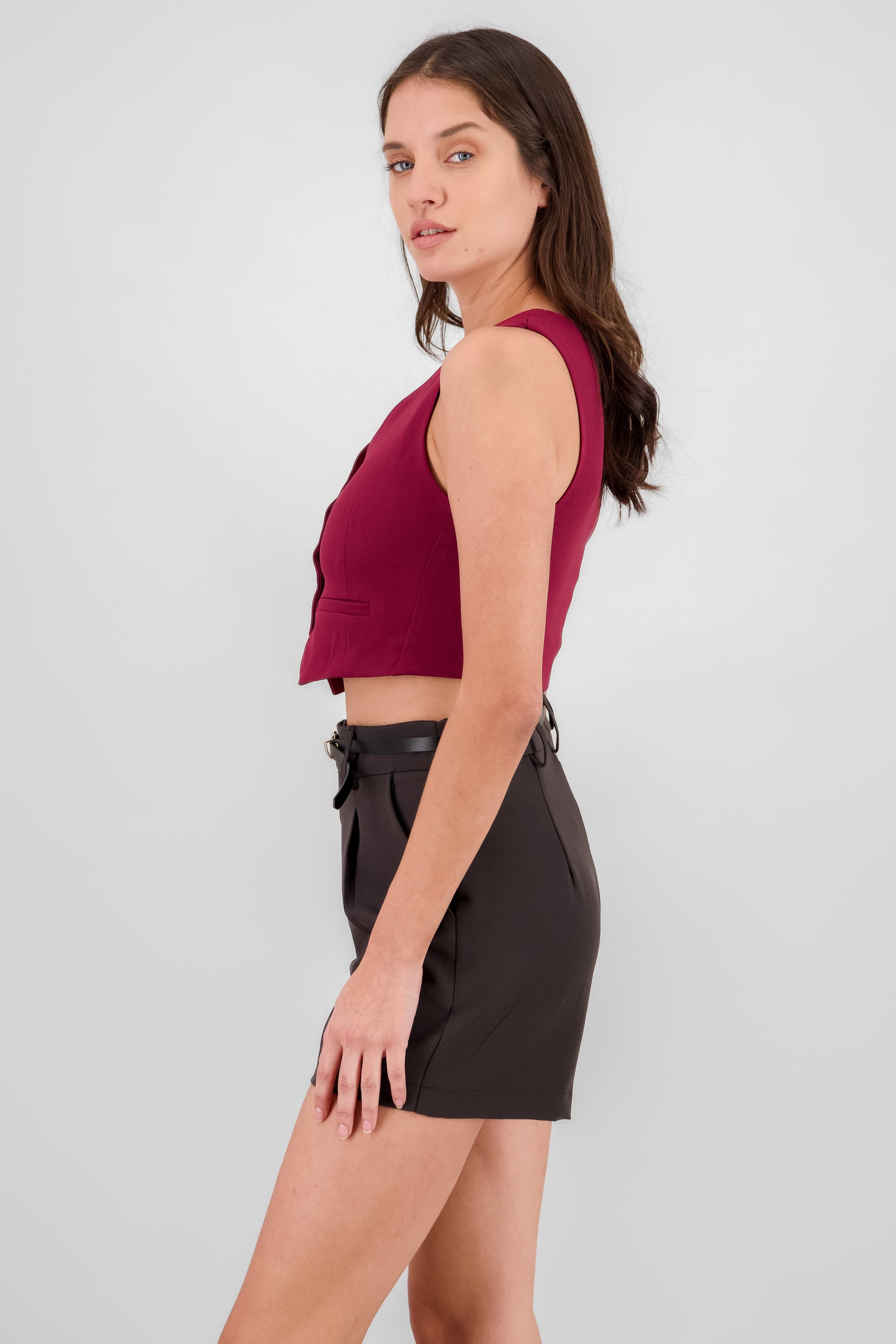 Basic Button Vest Crop Top BURGUNDY