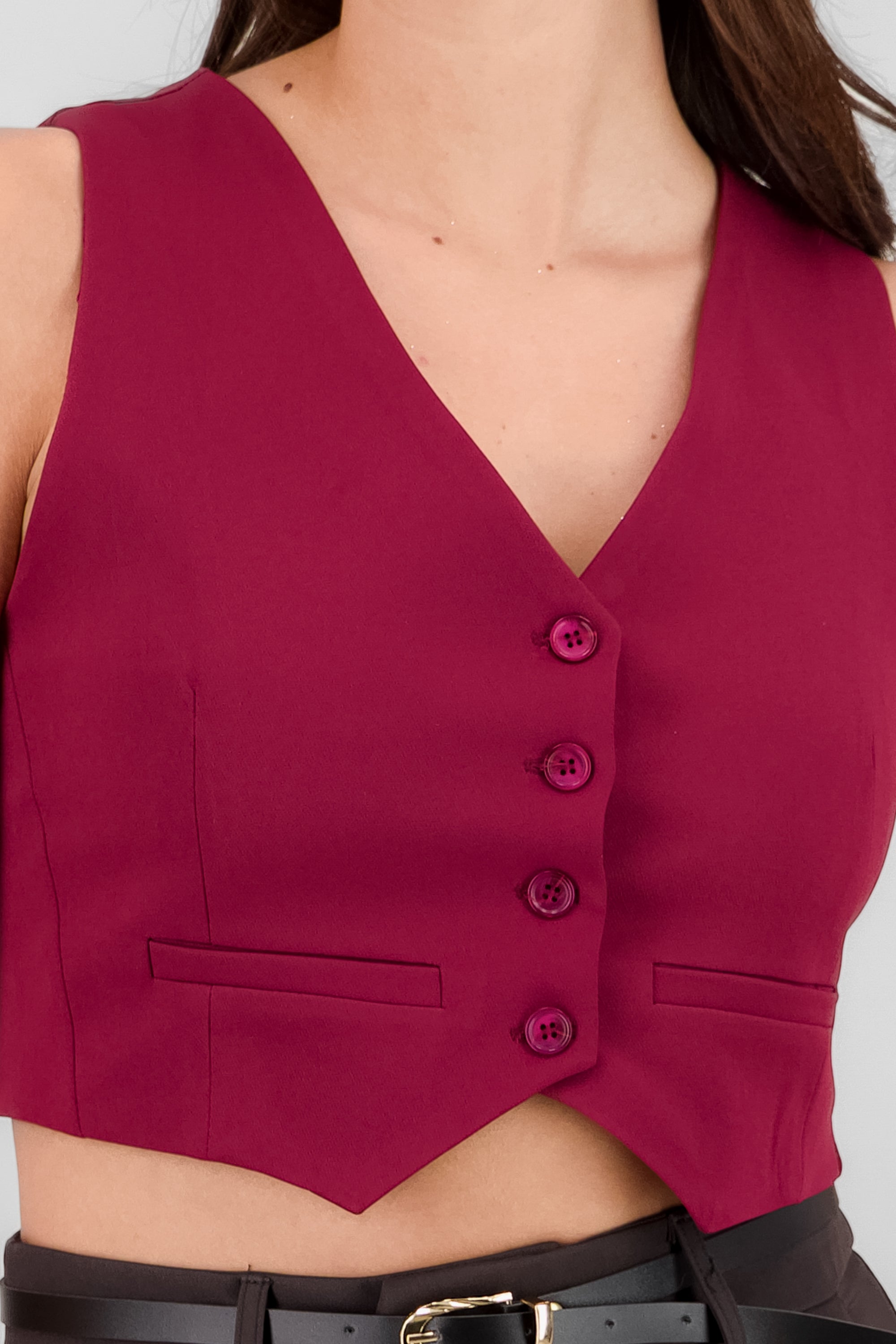 Basic Button Vest Crop Top BURGUNDY