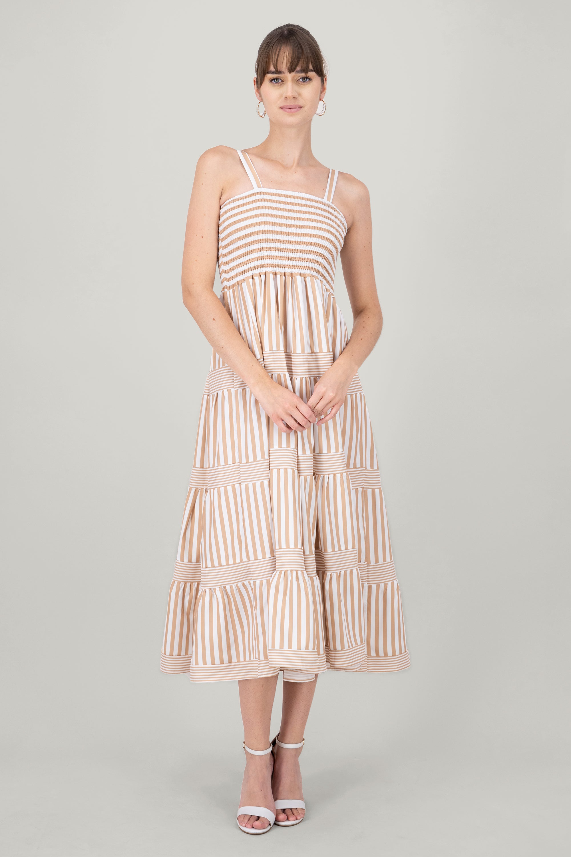 Striped Ruffled Sleeveless Maxi Day Dress SAND