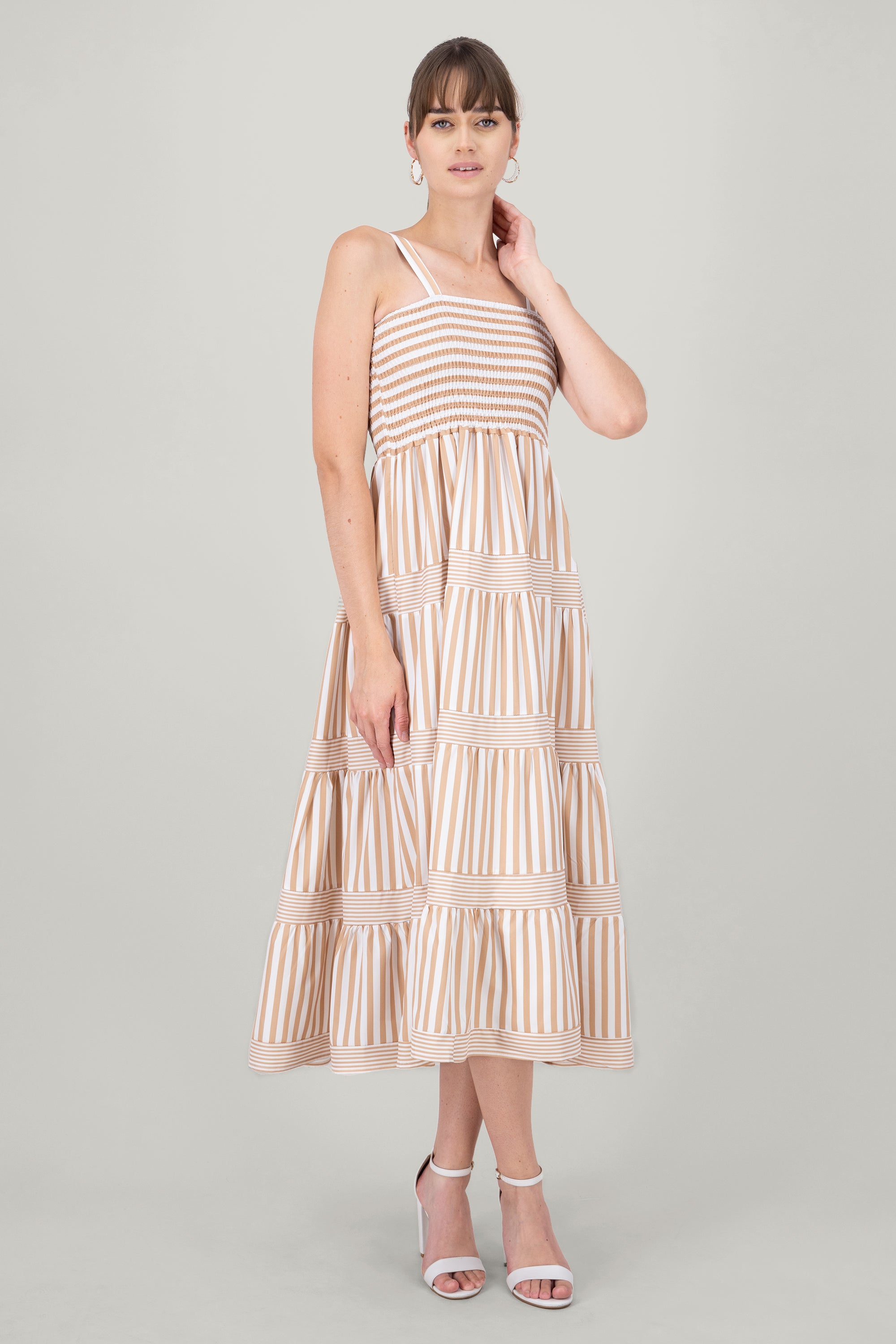 Striped Ruffled Sleeveless Maxi Day Dress SAND