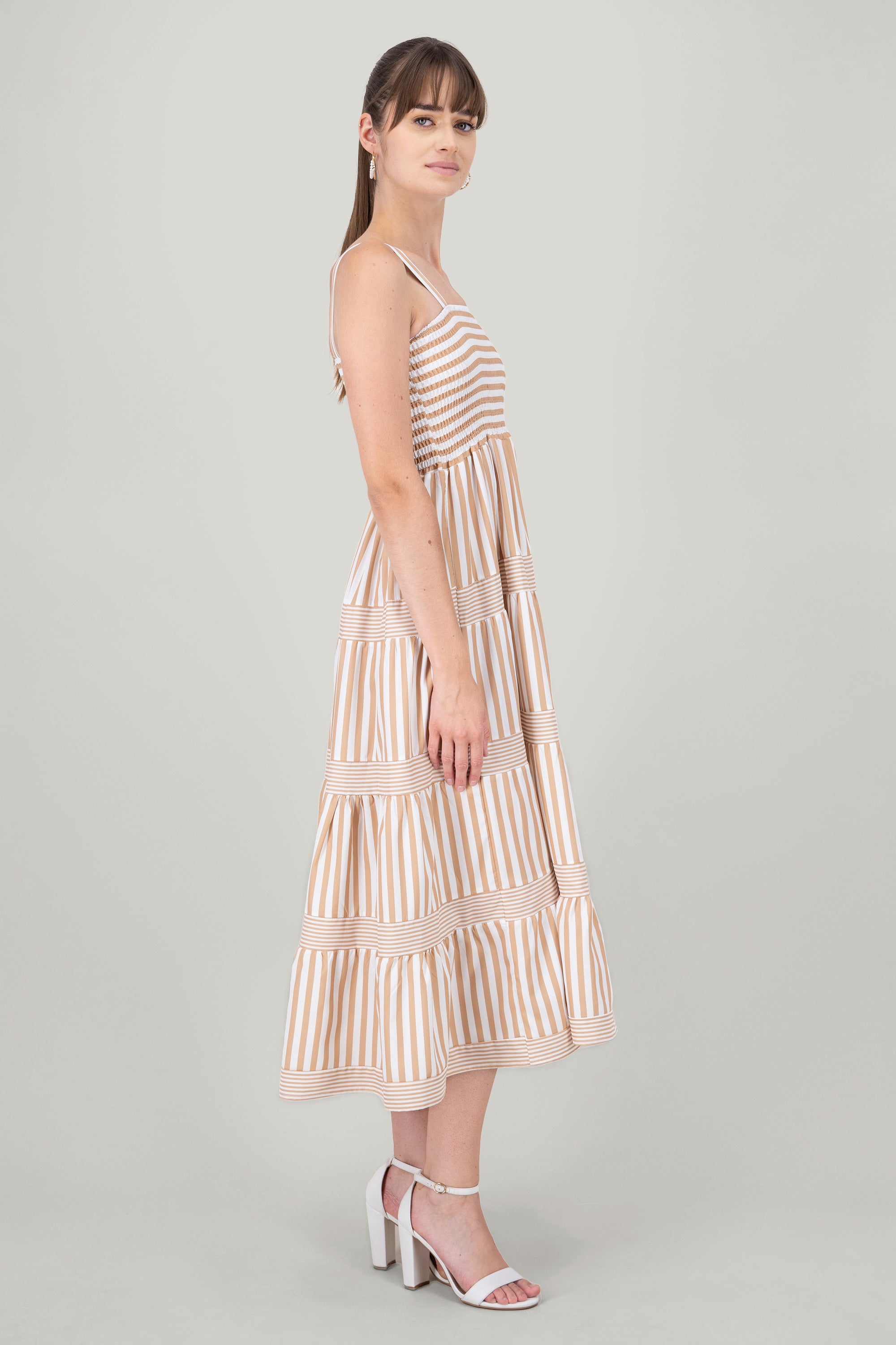 Striped Ruffled Sleeveless Maxi Day Dress SAND