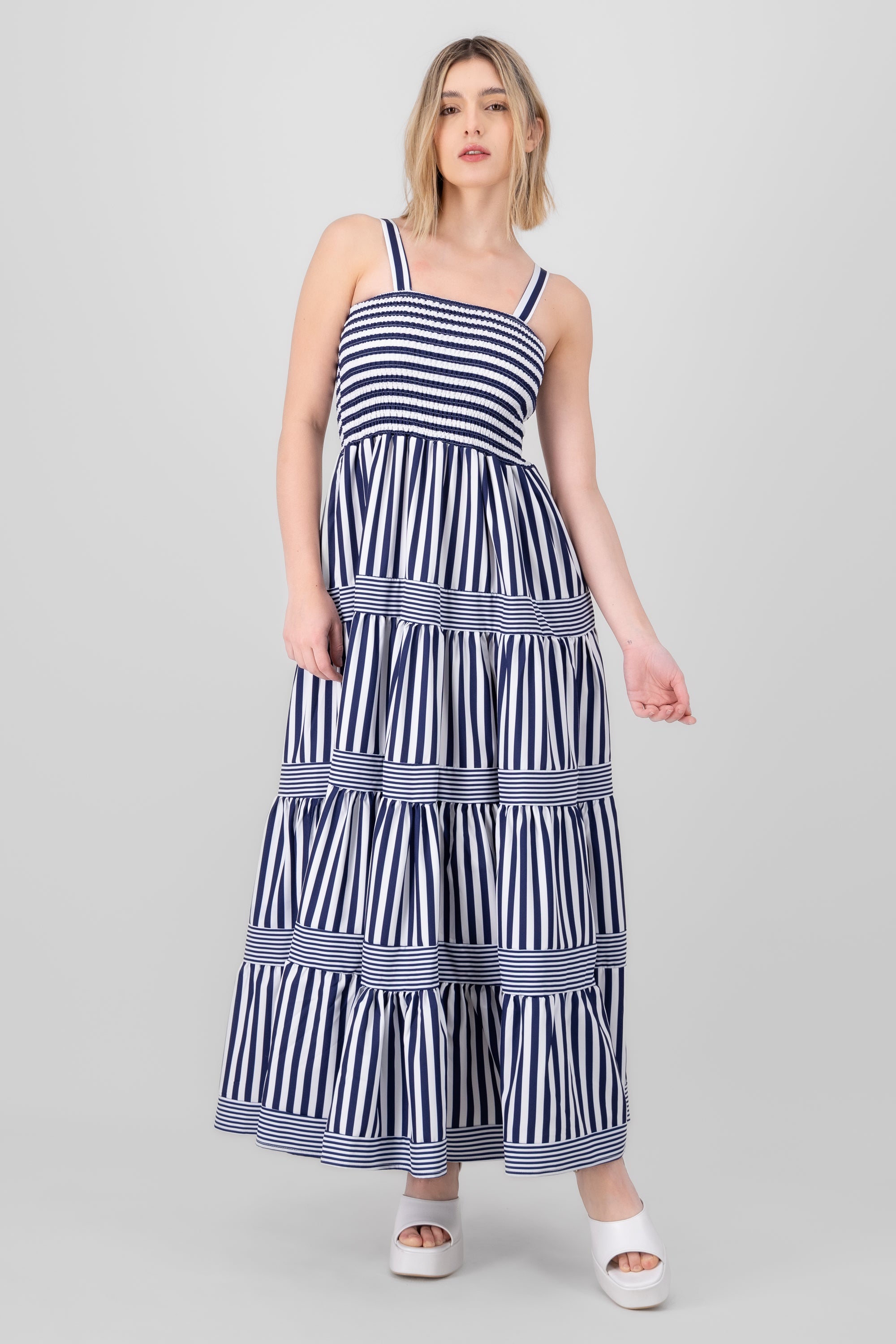 Striped Ruffled Sleeveless Maxi Day Dress NAVY COMBO