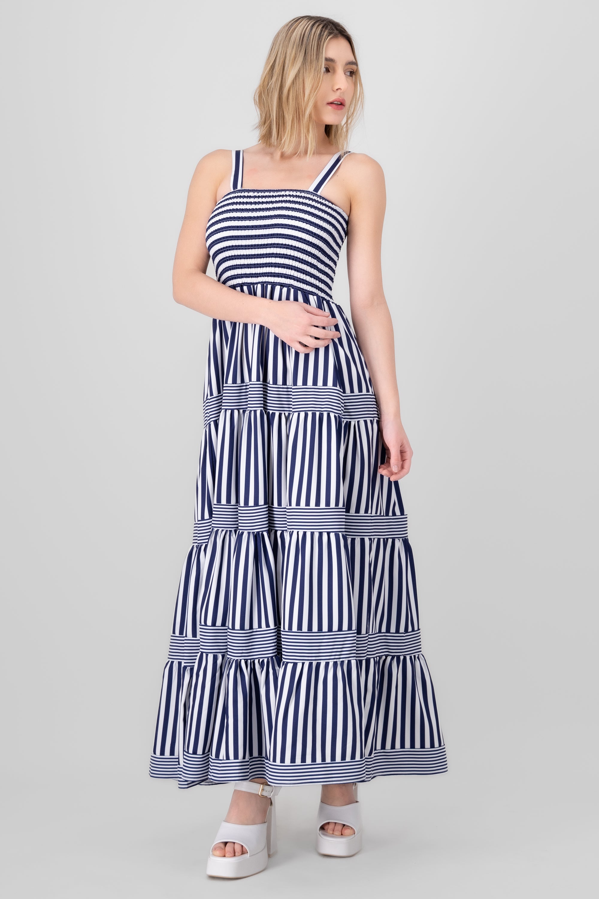 Striped Ruffled Sleeveless Maxi Day Dress NAVY COMBO