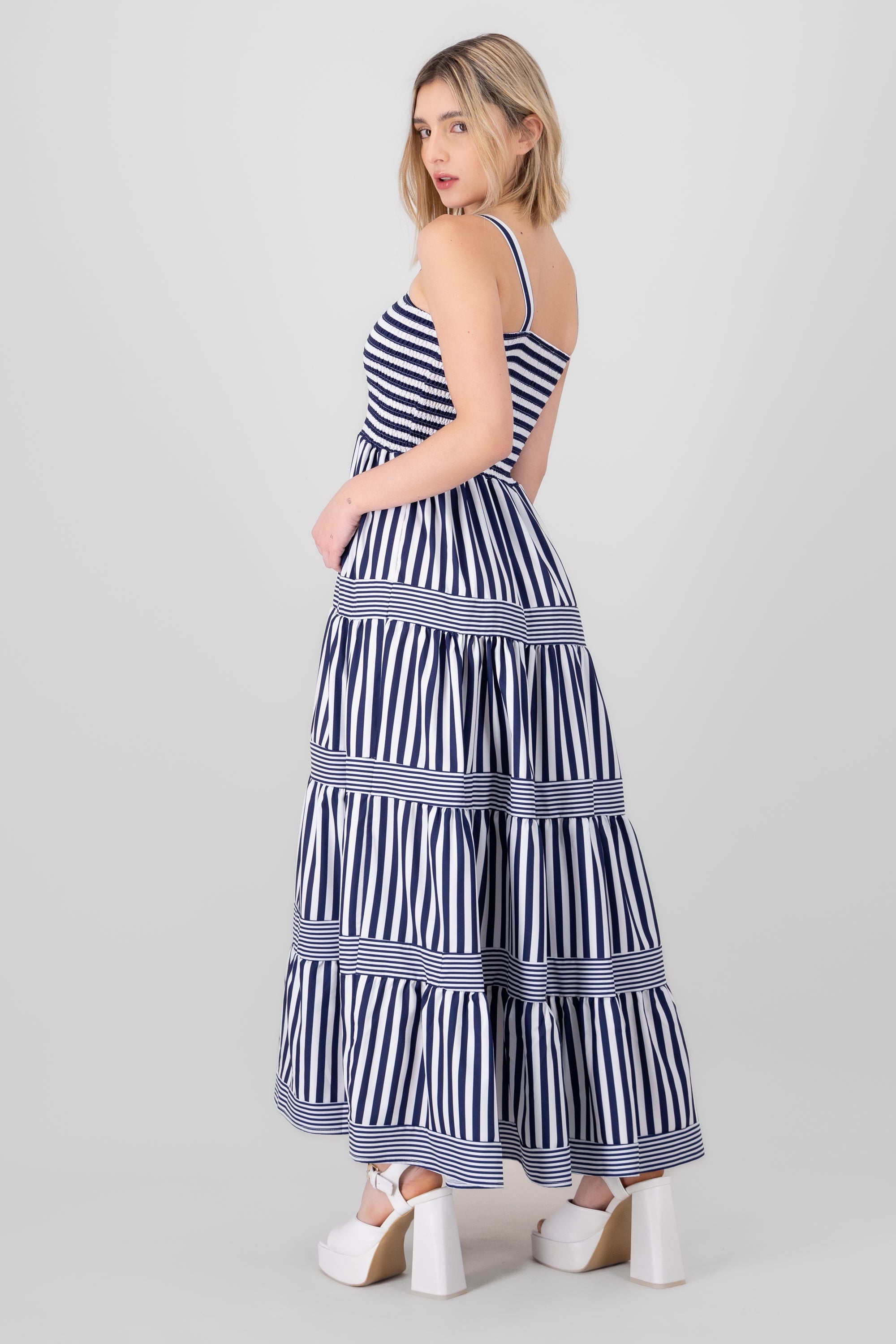 Striped Ruffled Sleeveless Maxi Day Dress NAVY COMBO