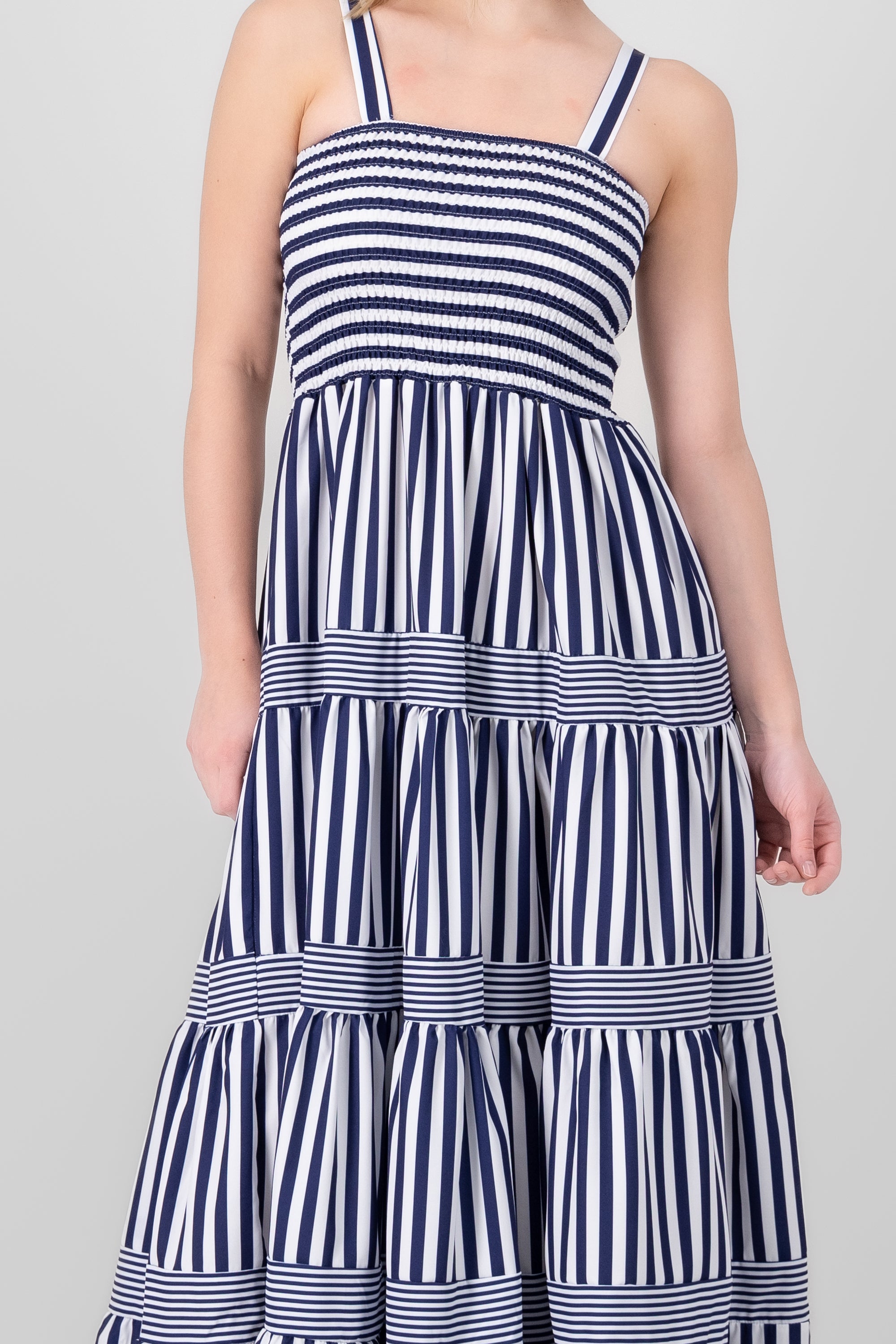 Striped Ruffled Sleeveless Maxi Day Dress NAVY COMBO