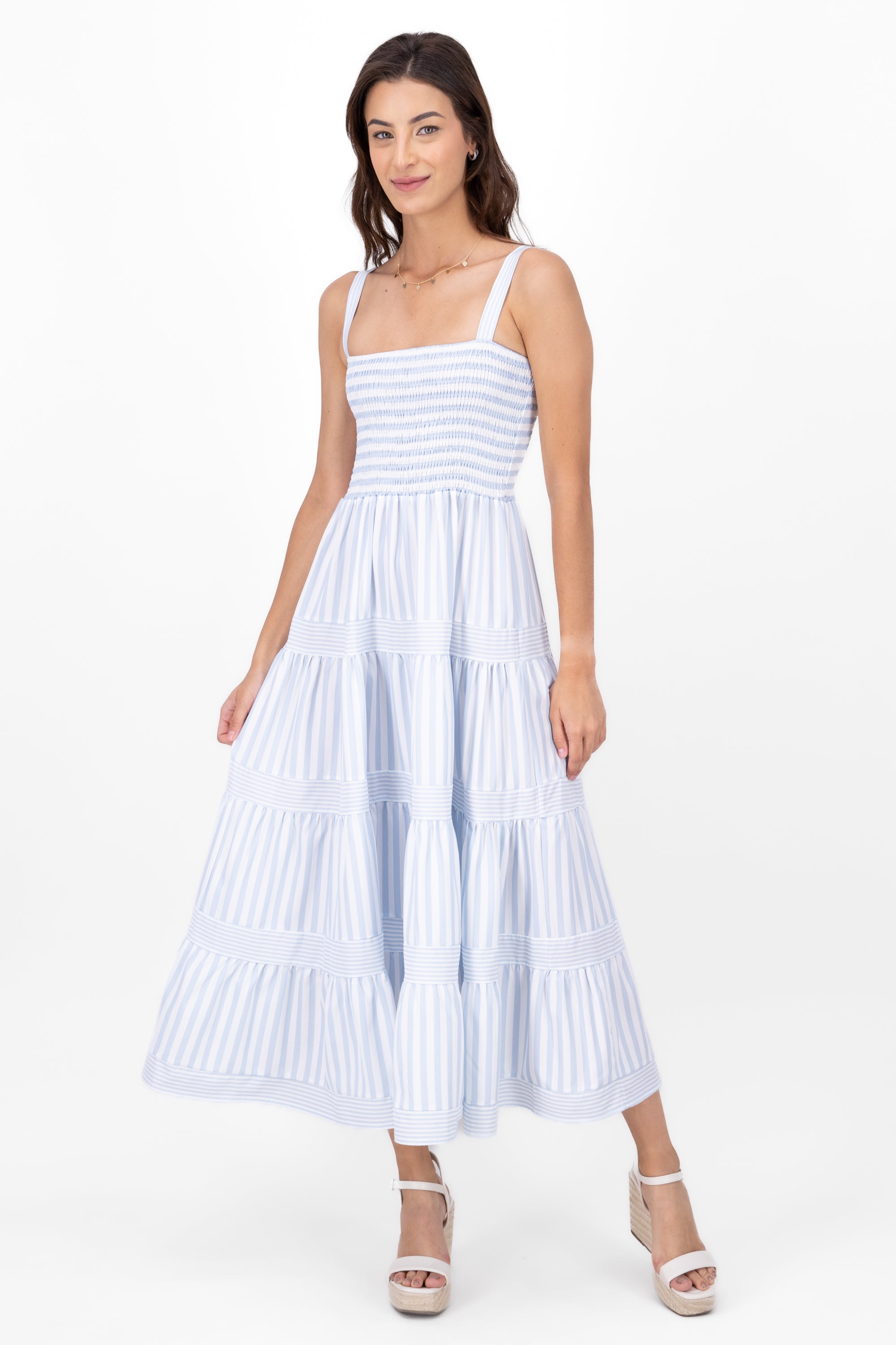 Striped Ruffled Sleeveless Maxi Day Dress BLUE COMBO