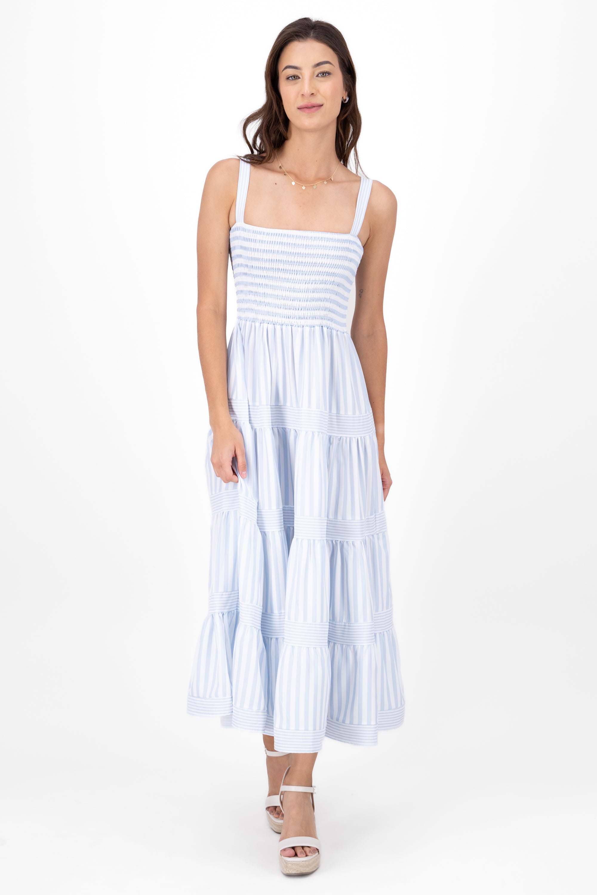 Striped Ruffled Sleeveless Maxi Day Dress BLUE COMBO