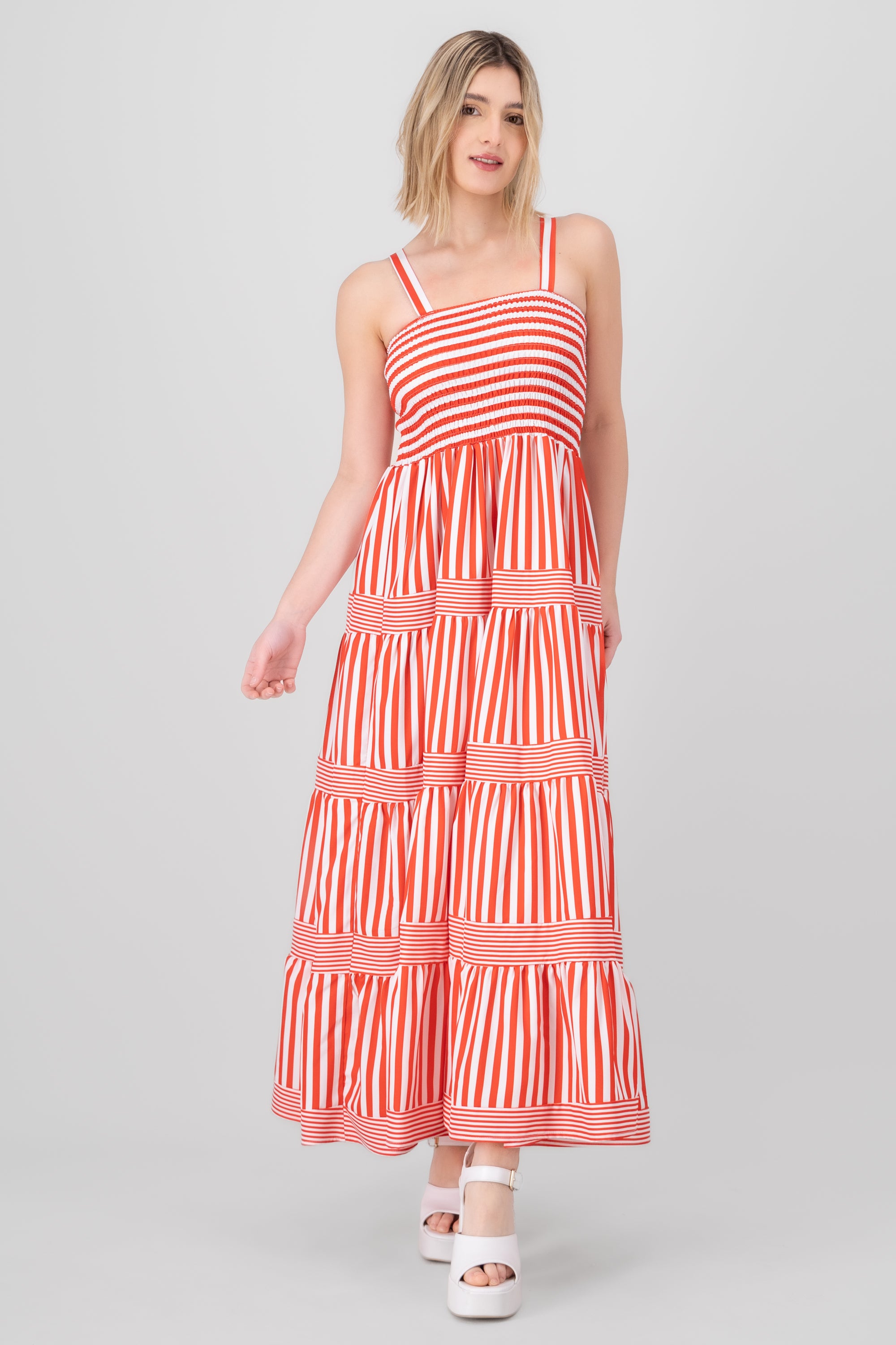 Striped Ruffled Sleeveless Maxi Day Dress RED COMBO