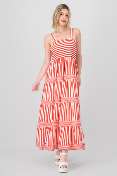 Striped Ruffled Sleeveless Maxi Day Dress PINK COMBO