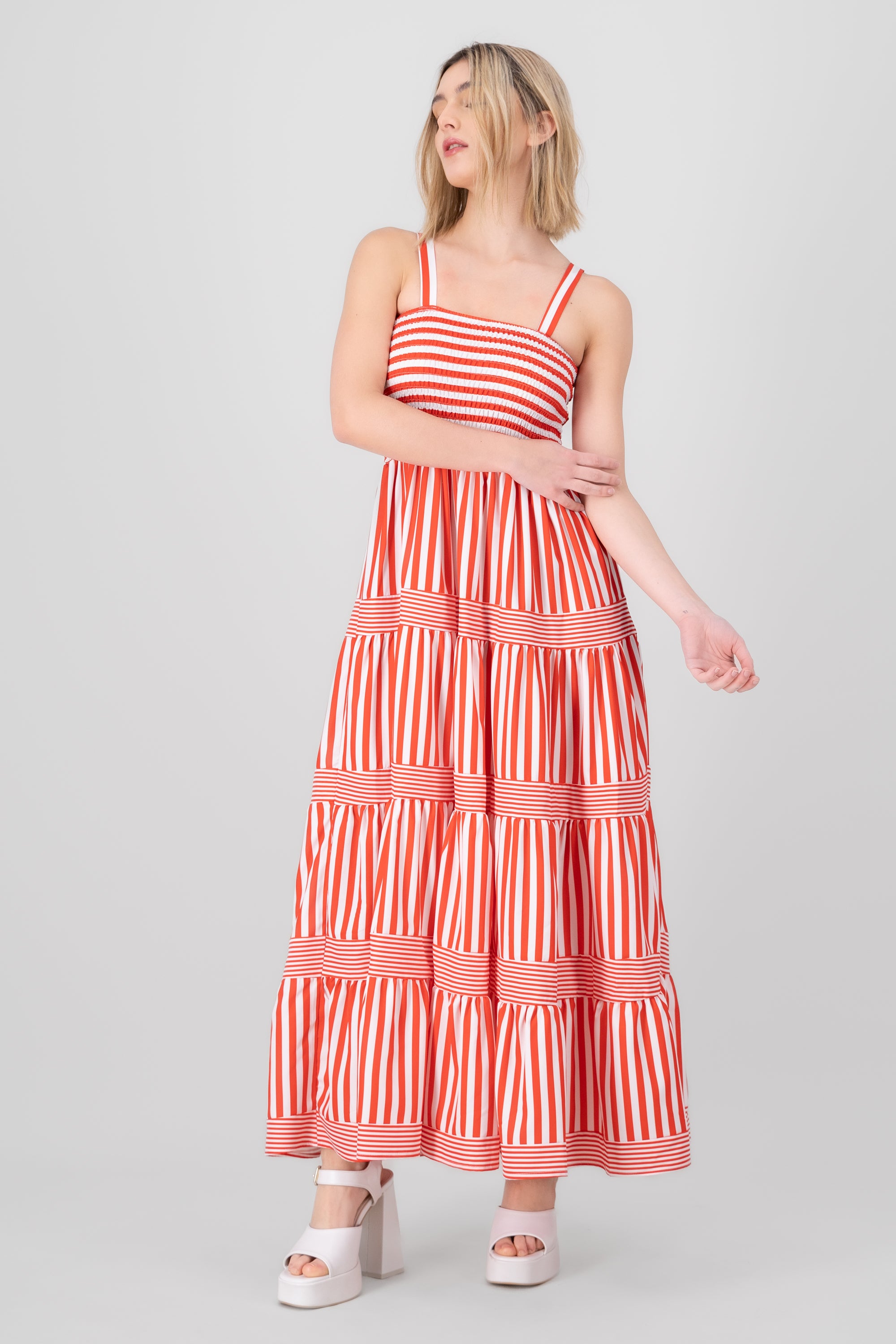 Striped Ruffled Sleeveless Maxi Day Dress RED COMBO