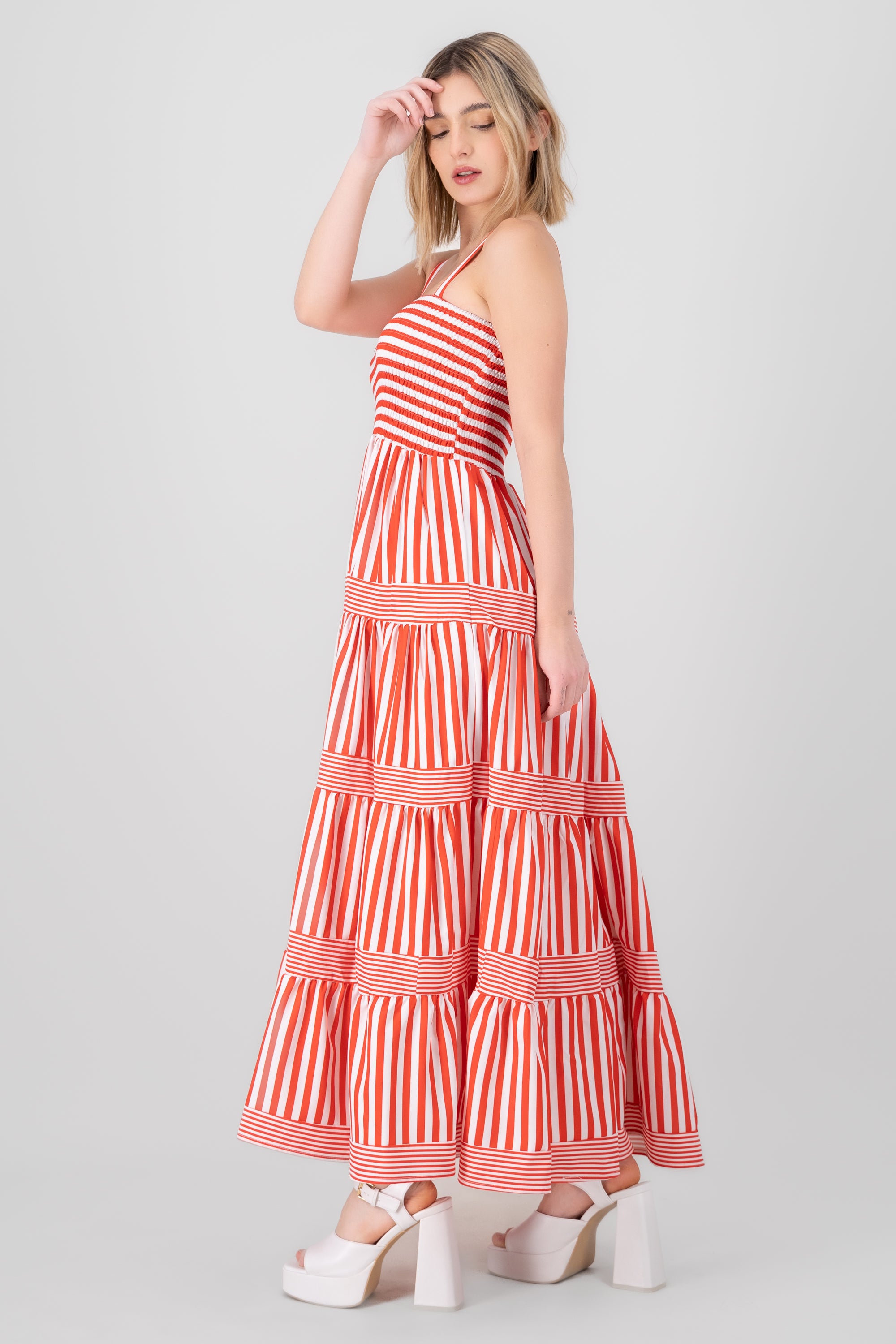 Striped Ruffled Sleeveless Maxi Day Dress RED COMBO